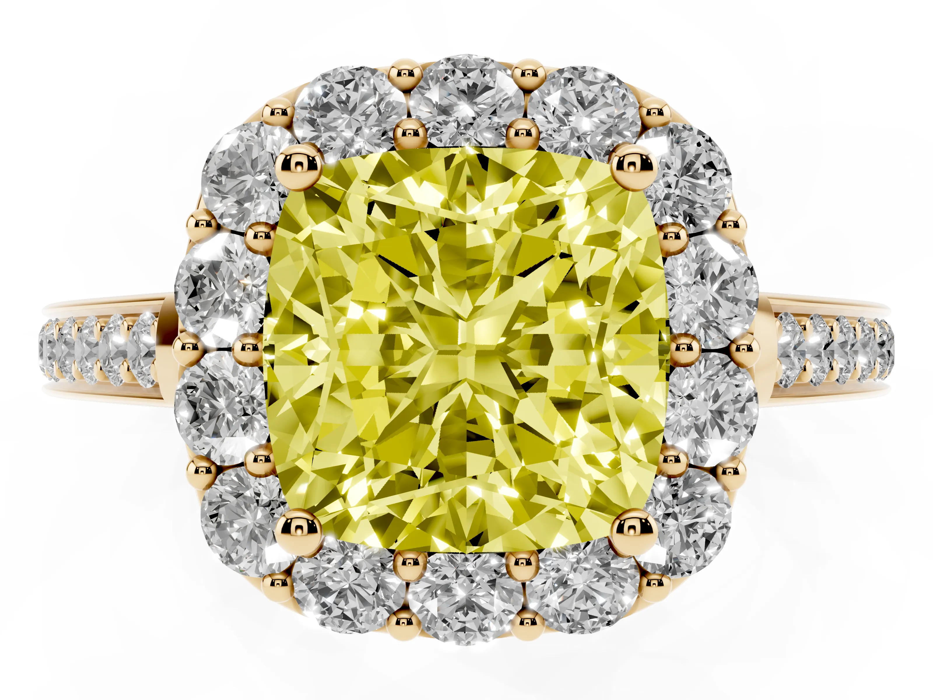 Fancy Yellow Cushion Cut Diamond Floral Halo Ring Set in Yellow gold with Pavé Band and Prong Setting