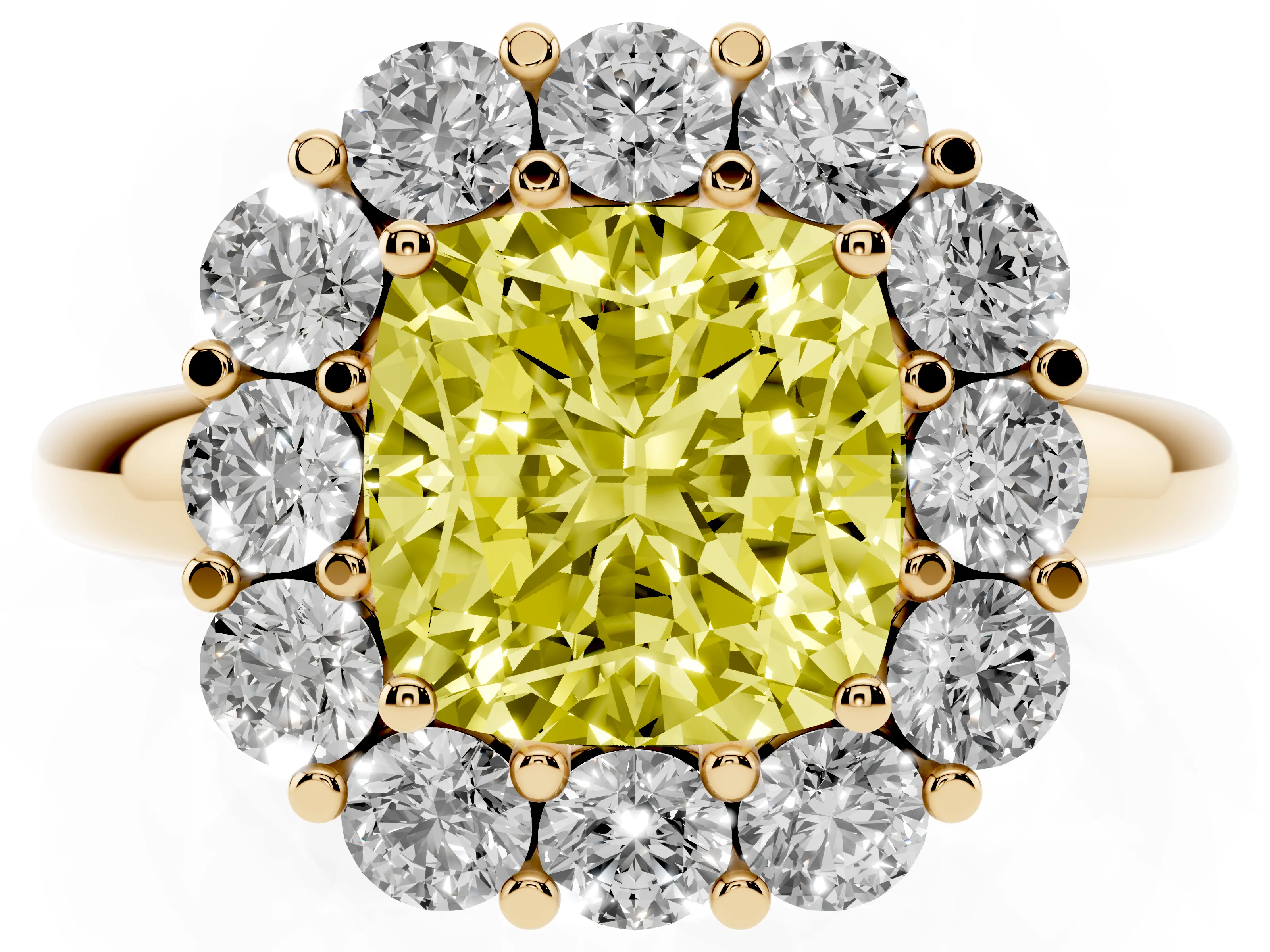 Fancy Yellow Cushion Cut Diamond Halo Cluster Engagement Ring Set in Yellow gold with Polished Band and Prong Setting