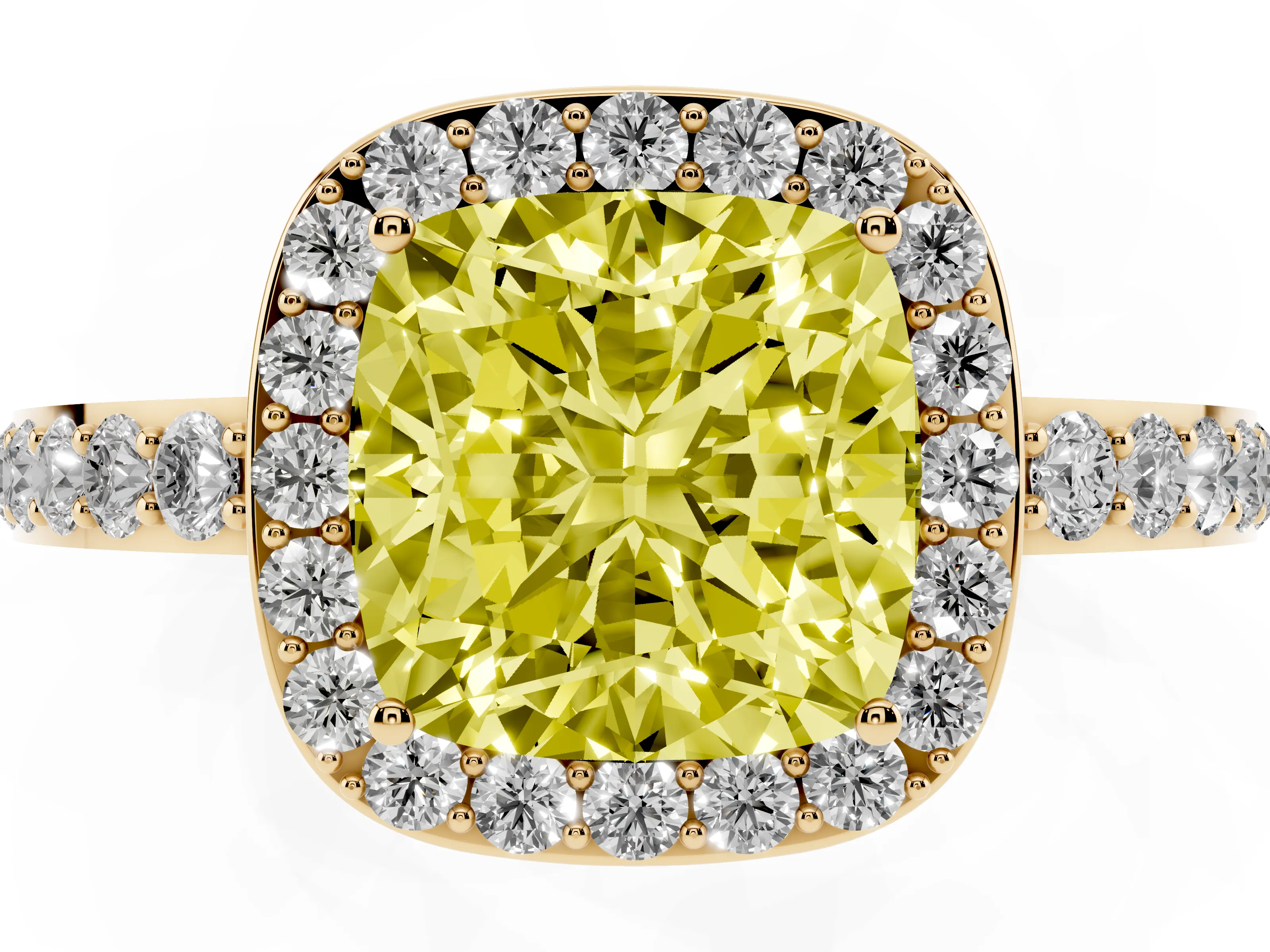 Fancy Yellow Cushion Cut Diamond Halo Ring Set in Yellow gold with Pavé-Setting Band and Open Prong Center