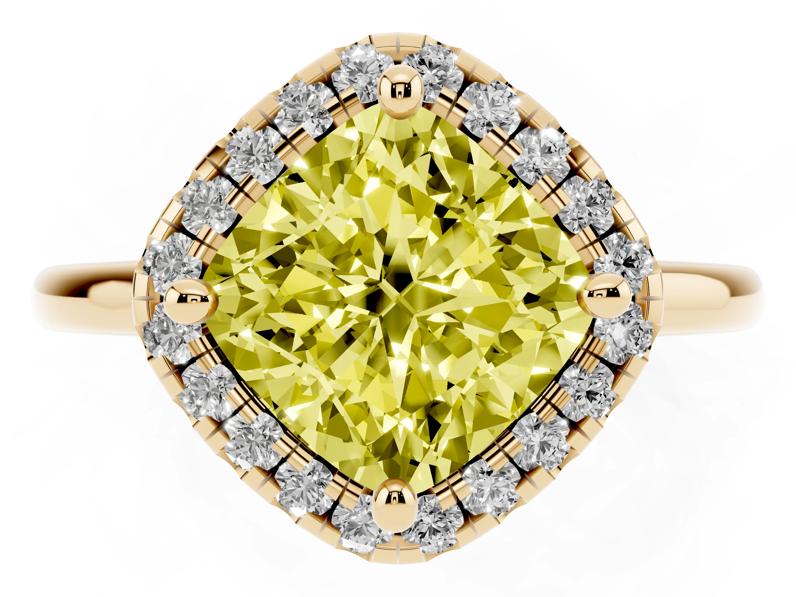 Fancy Yellow Cushion Cut Diamond Halo Engagement Ring Set in Yellow gold with Pavé Band and Rising Shoulders