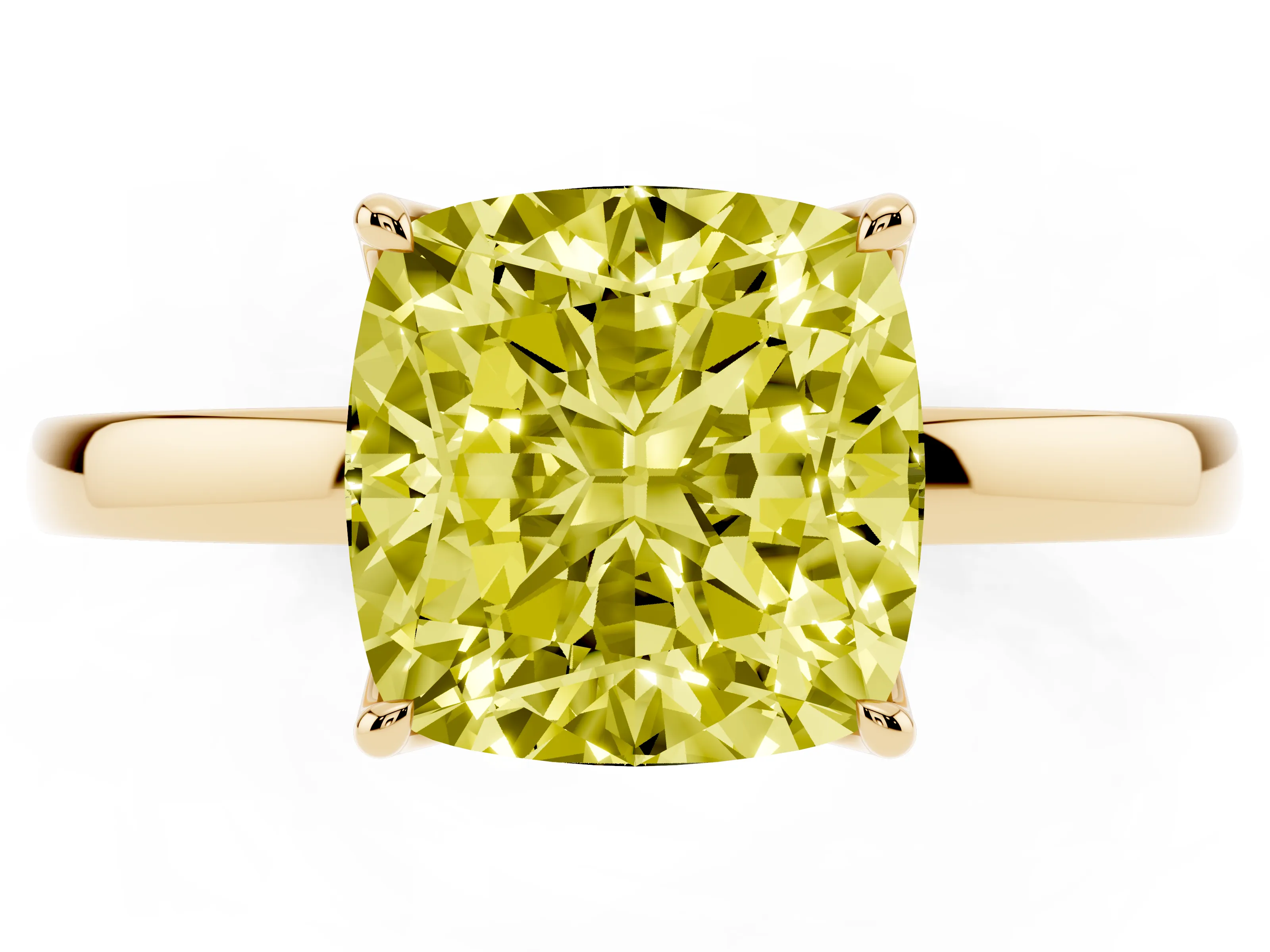 Fancy Yellow Cushion Cut Diamond Solitaire Ring Set in Yellow gold with Prong Setting and Thin Polished Band