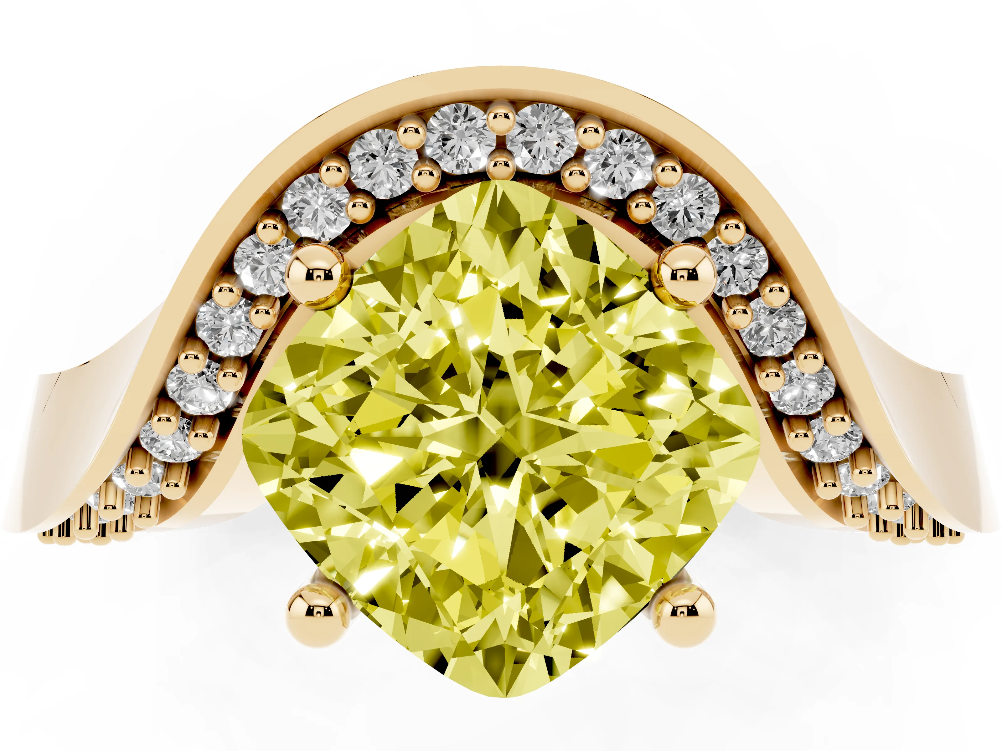 Fancy Yellow Cushion Cut Diamond Solitaire Engagement Ring Set in Yellow gold with Pavé Shoulders