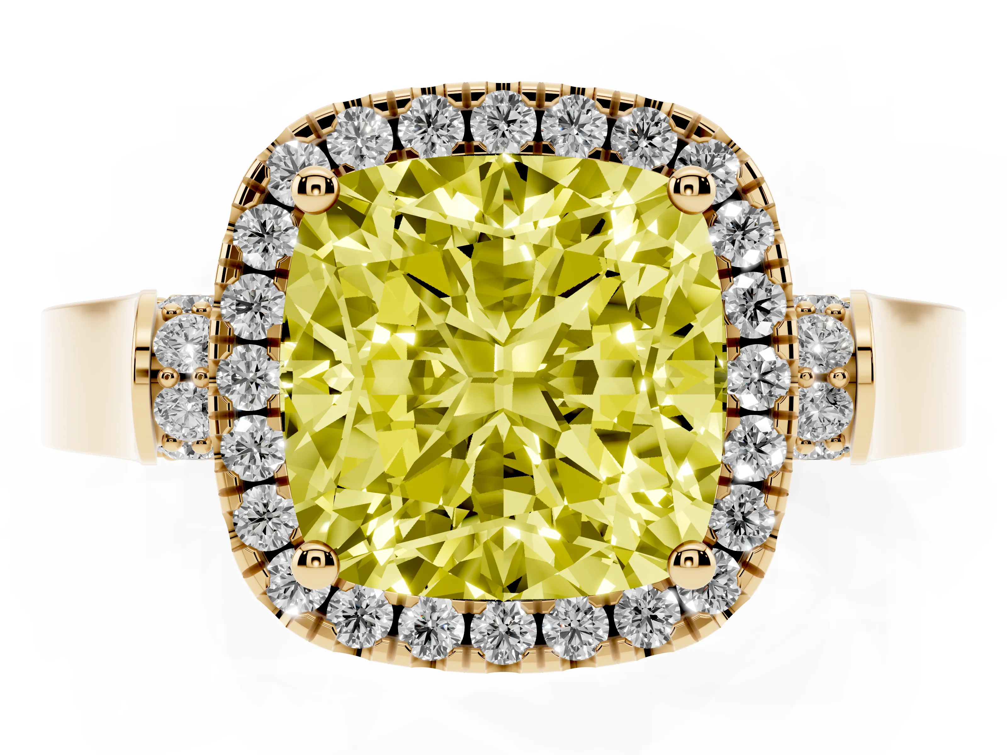 Fancy Yellow Cushion Cut Diamond Halo Ring Set in Yellow gold with Pavé-Lined Split Shank Band