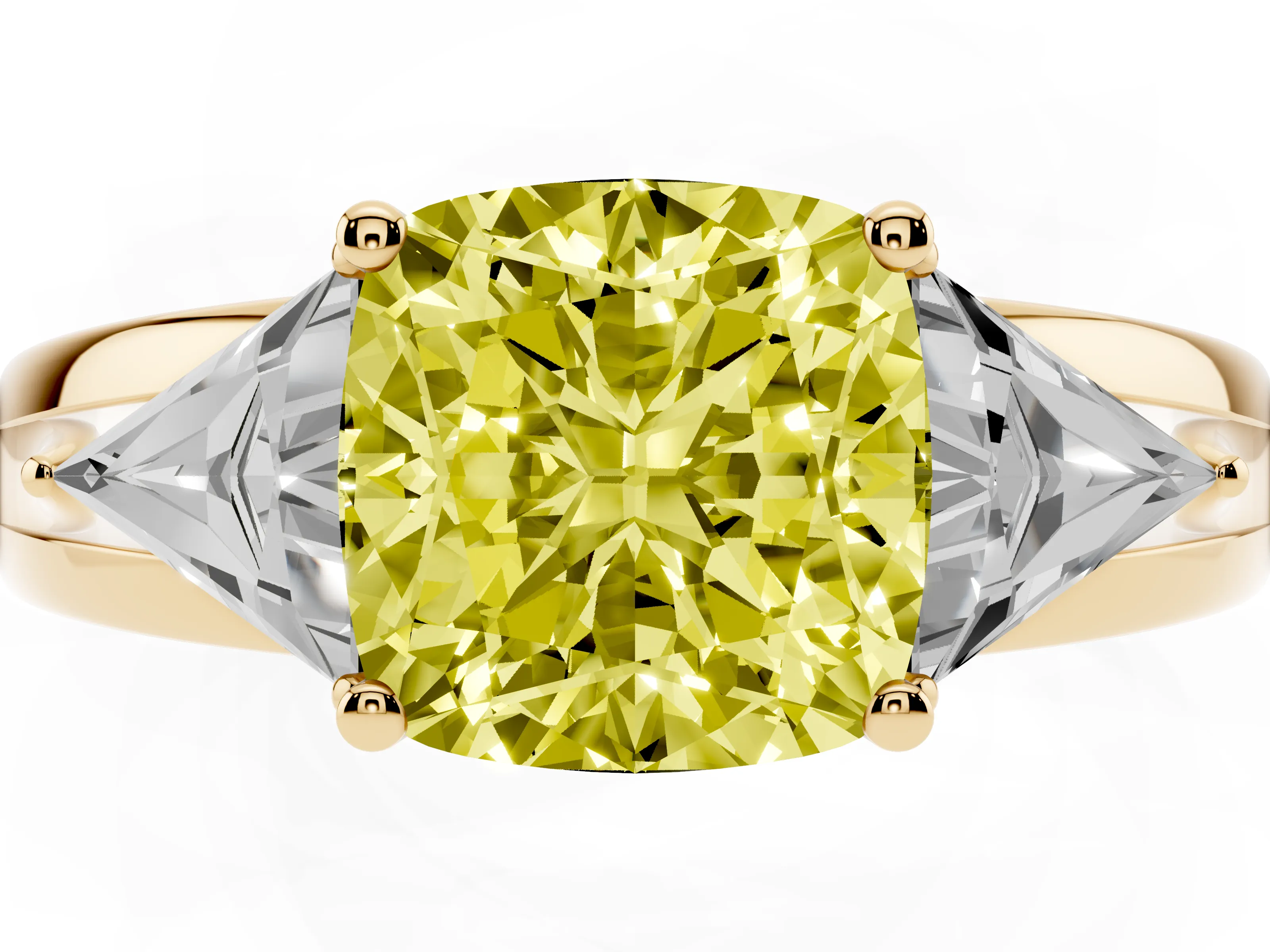 Fancy Yellow Cushion Cut Diamond Three-Stone Ring Set in Yellow gold with Trillion Side Stones and Split Shank