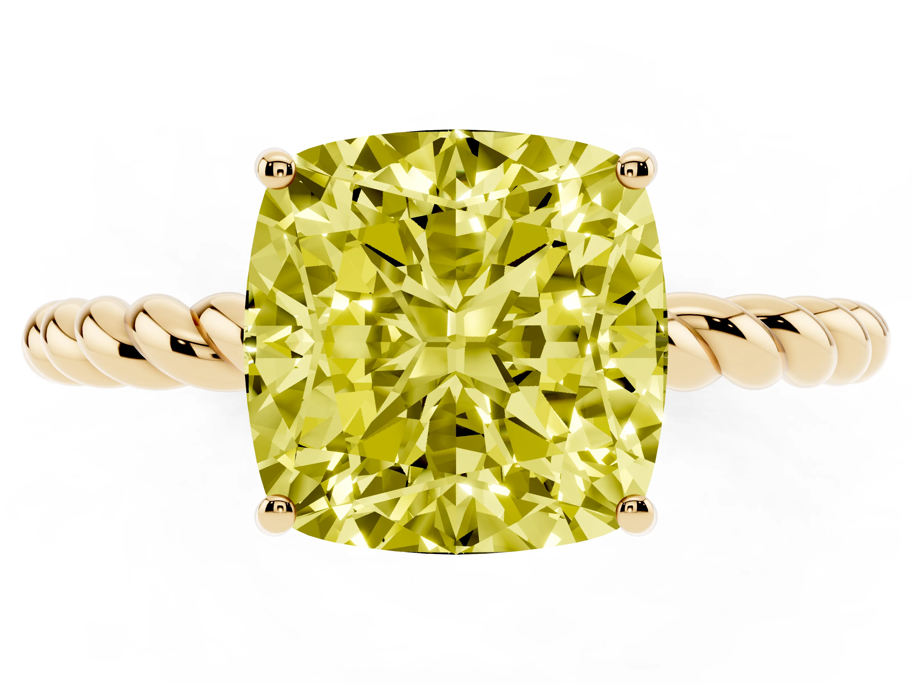 Fancy Yellow Cushion Cut Diamond Solitaire Ring Set in Yellow gold with Twist Band and Prong Setting