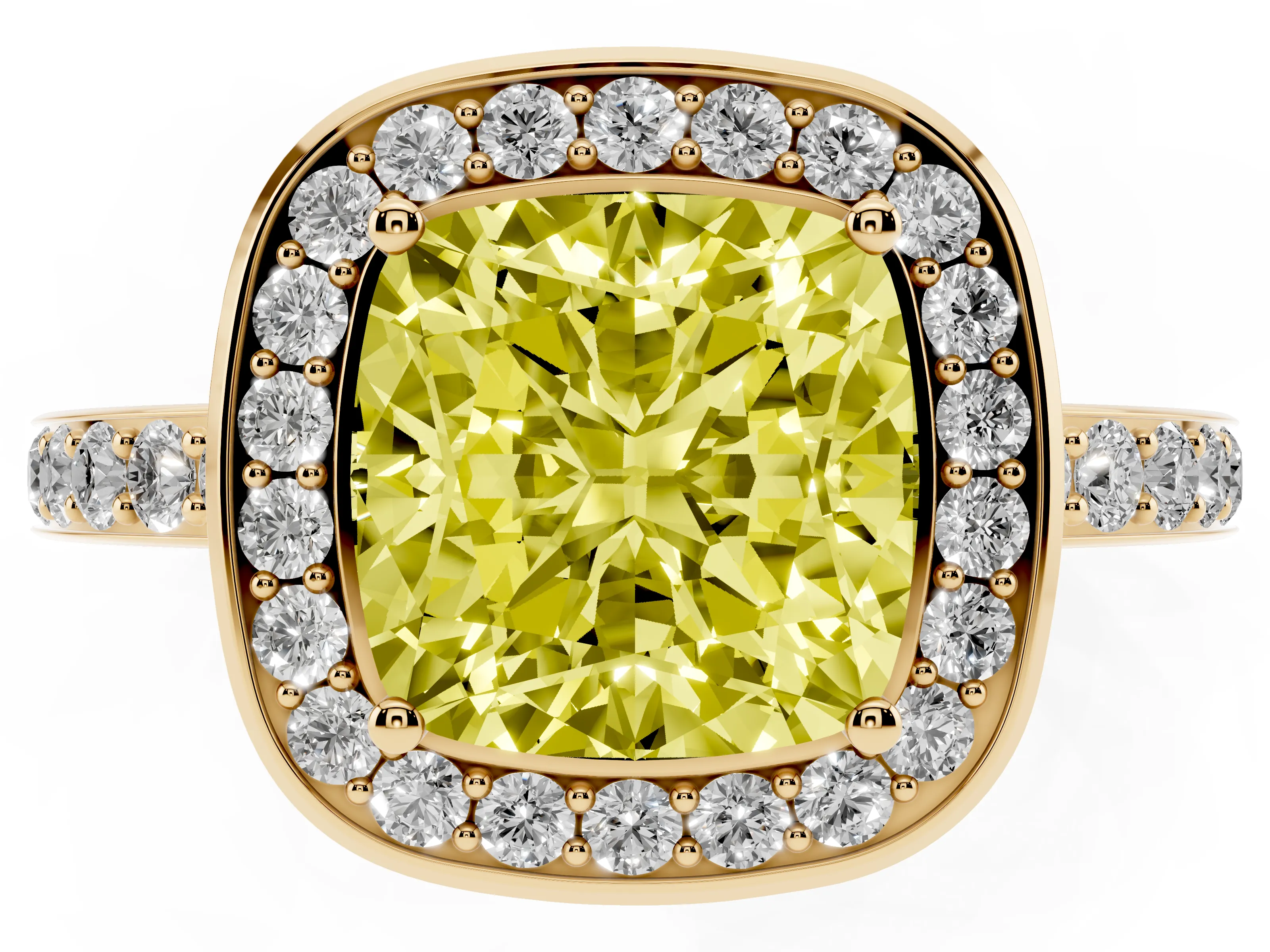 Fancy Yellow Cushion Cut Diamond Halo Ring Set in Yellow gold with Bezel Frame and Pavé Band