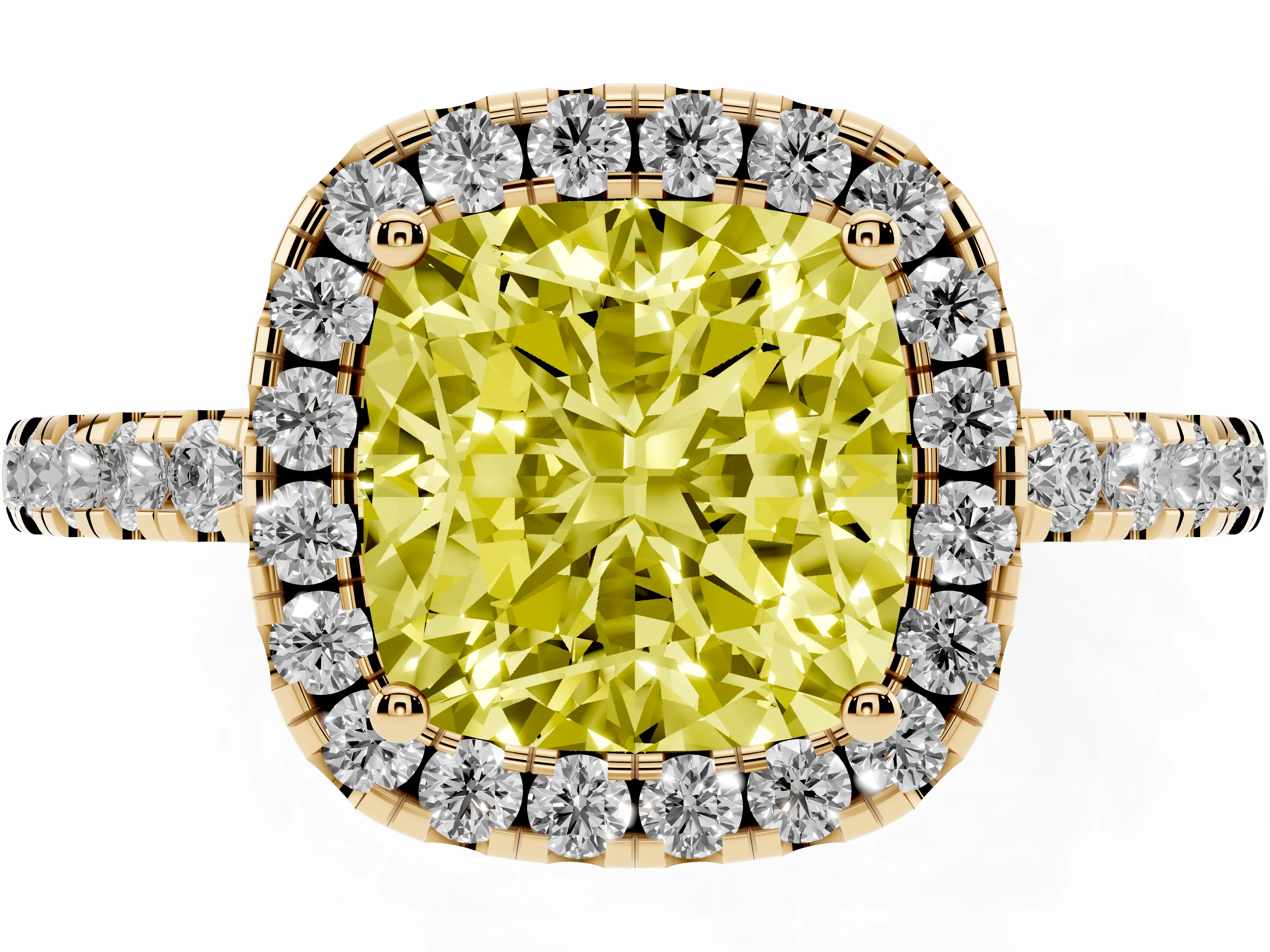 Fancy Yellow Cushion Cut Diamond Pavé Band Halo Engagement Ring Set in Yellow gold with Prong Setting