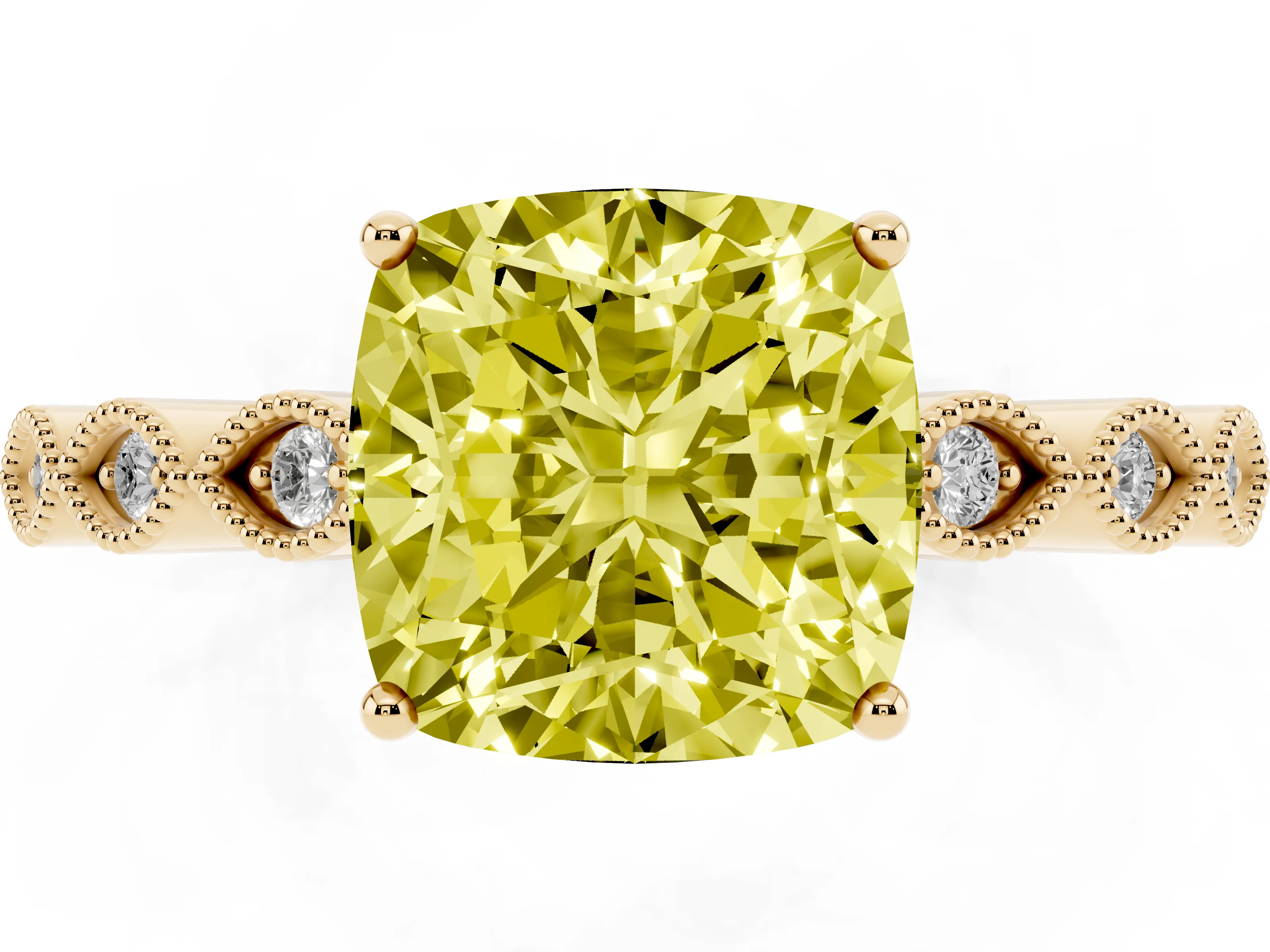 Fancy Yellow Cushion Cut Diamond Solitaire Ring Set in Yellow gold with Infinity Twist Pavé Band