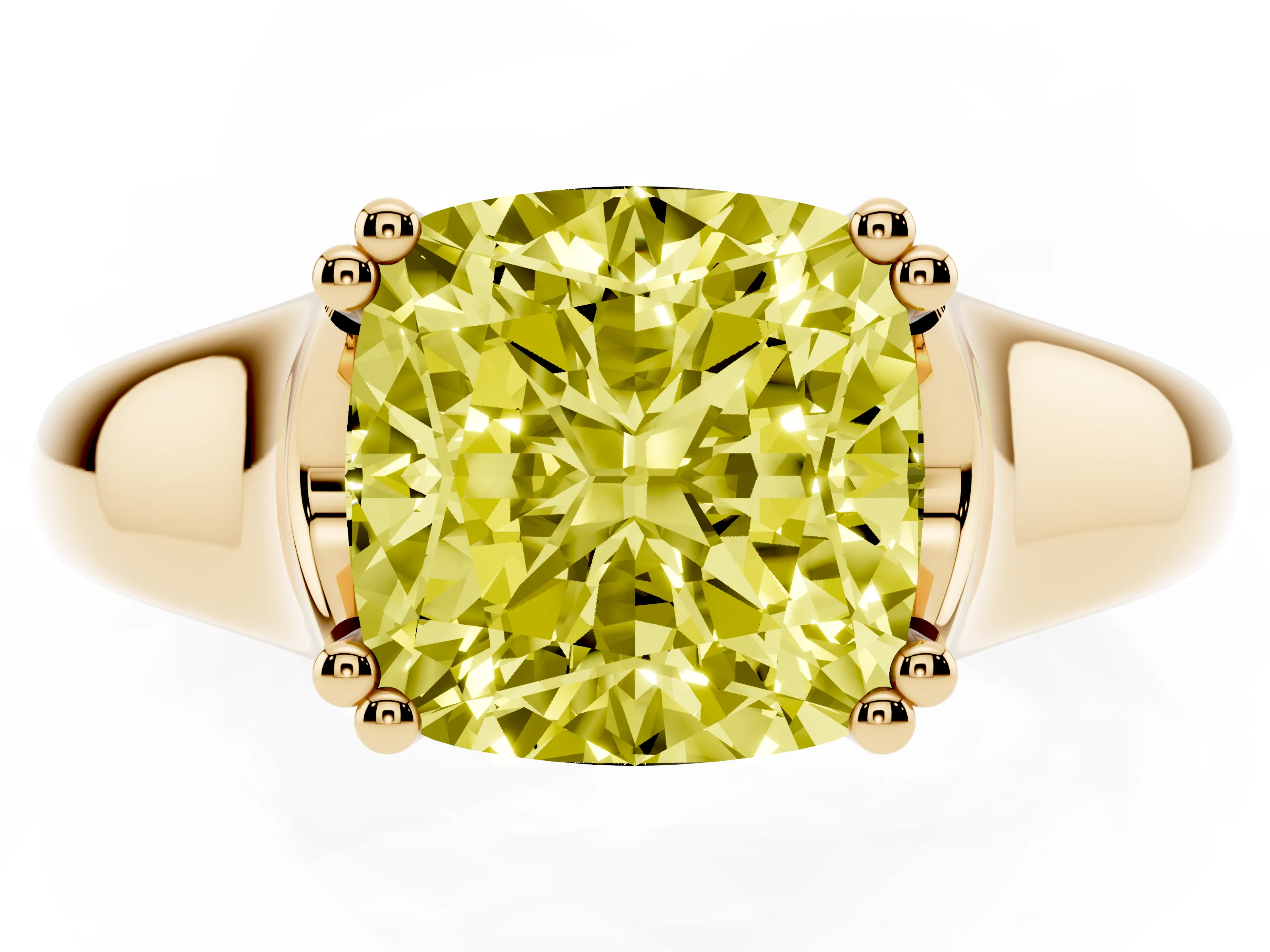 Fancy Yellow Cushion Cut Diamond Solitaire Ring Set in Yellow gold with Wide Band and Prong Setting