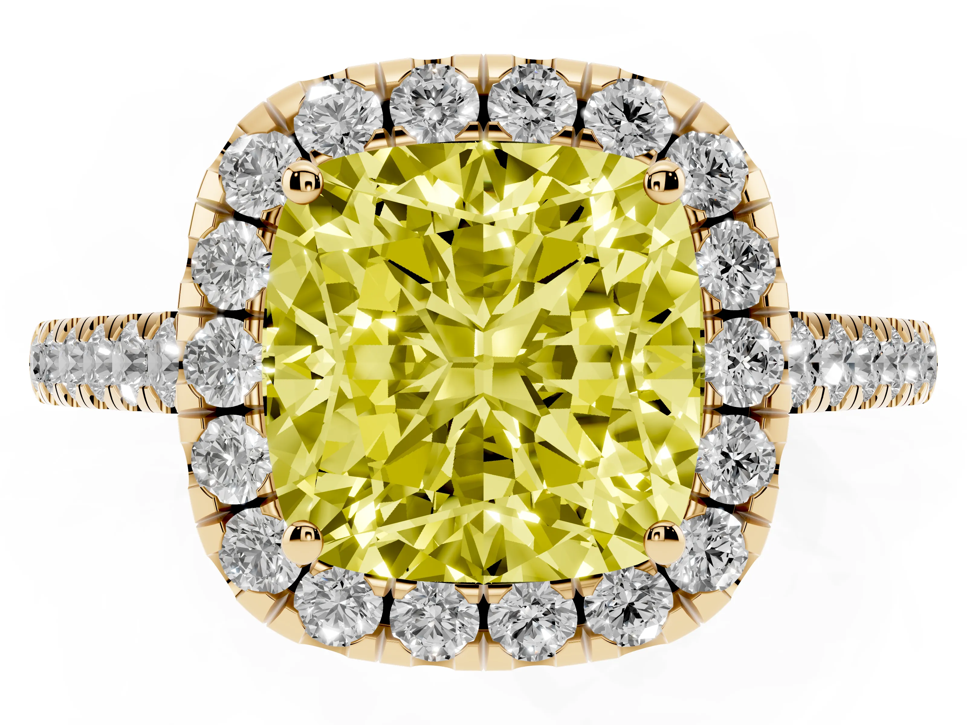 Fancy Yellow Cushion Cut Diamond Halo Pavé Engagement Ring Set in Yellow gold with Prong Setting