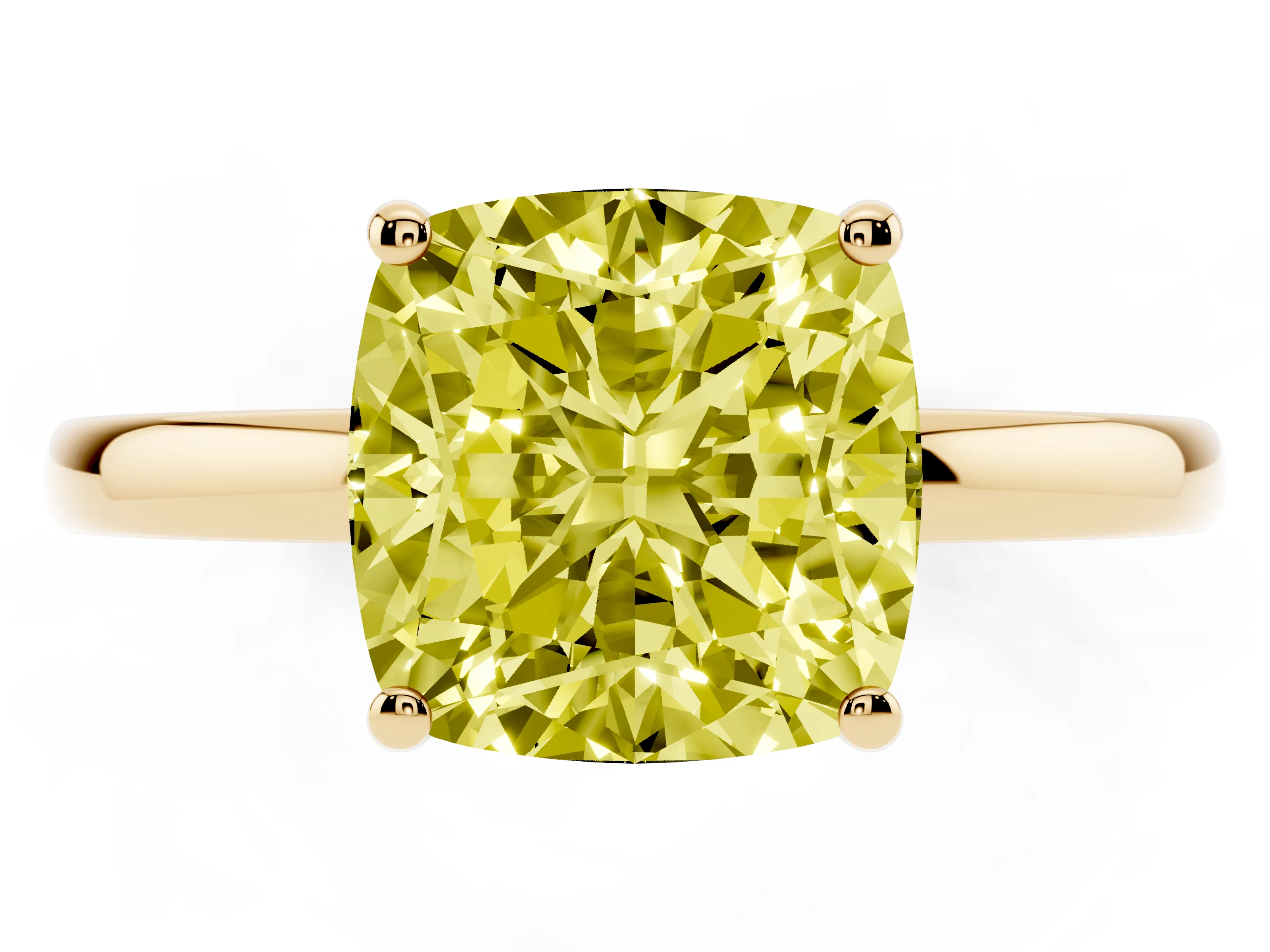 Fancy Yellow Cushion Cut Diamond Solitaire Ring Set in Yellow gold with Plain Band and Prong Setting