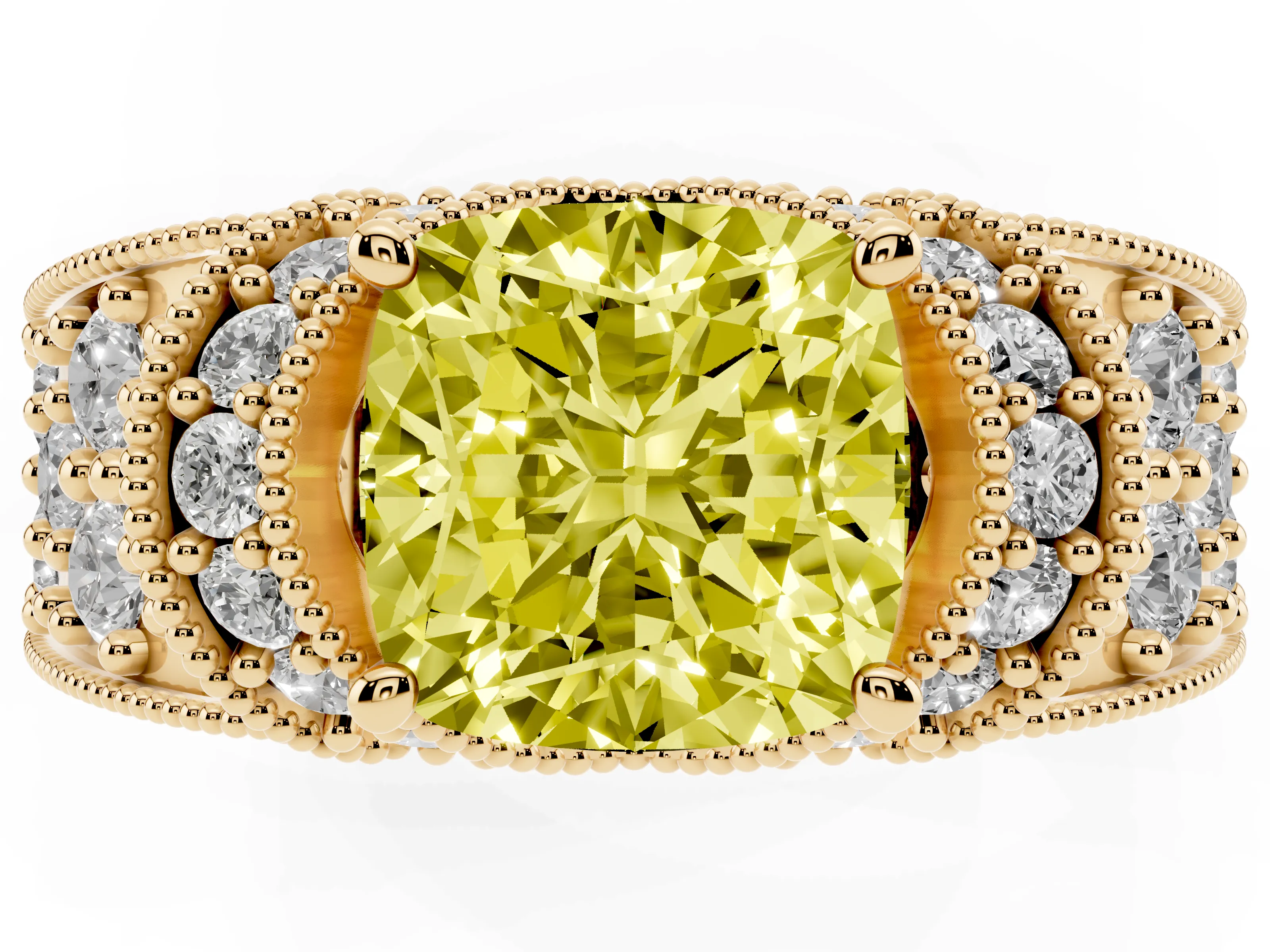 Fancy Yellow Cushion Cut Diamond Milgrain Halo Pavé Engagement Ring Set in Yellow gold with Prong Setting