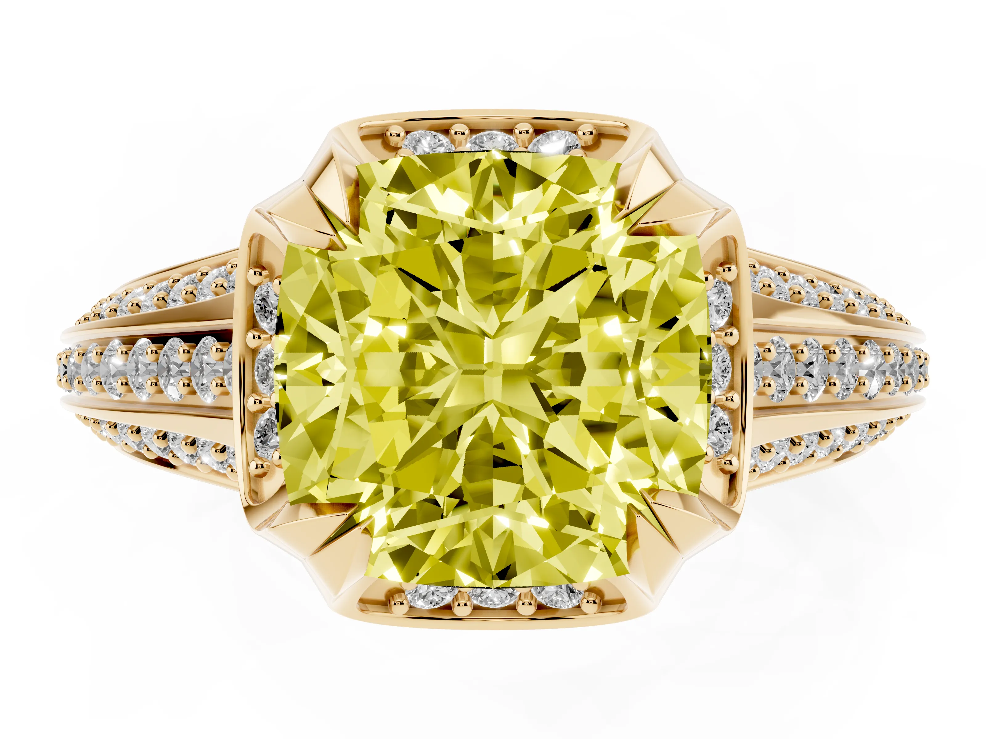 Fancy Yellow Cushion Cut Diamond Pavé Split Shank Solitaire Ring Set in Yellow gold with Prong Setting