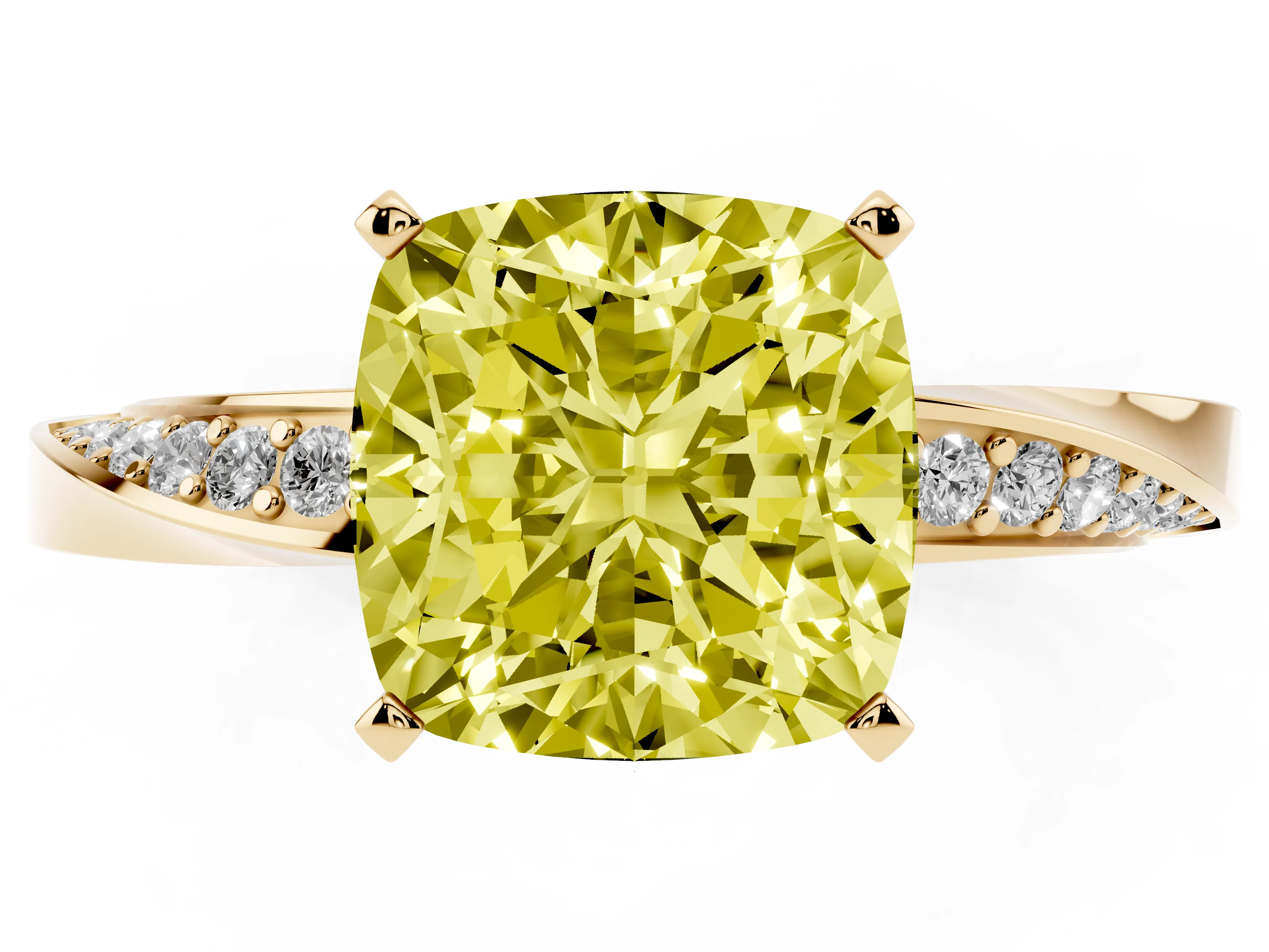 Fancy Yellow Cushion Cut Diamond Engagement Ring Set in Yellow gold with Side Stone Accents and Prong Setting