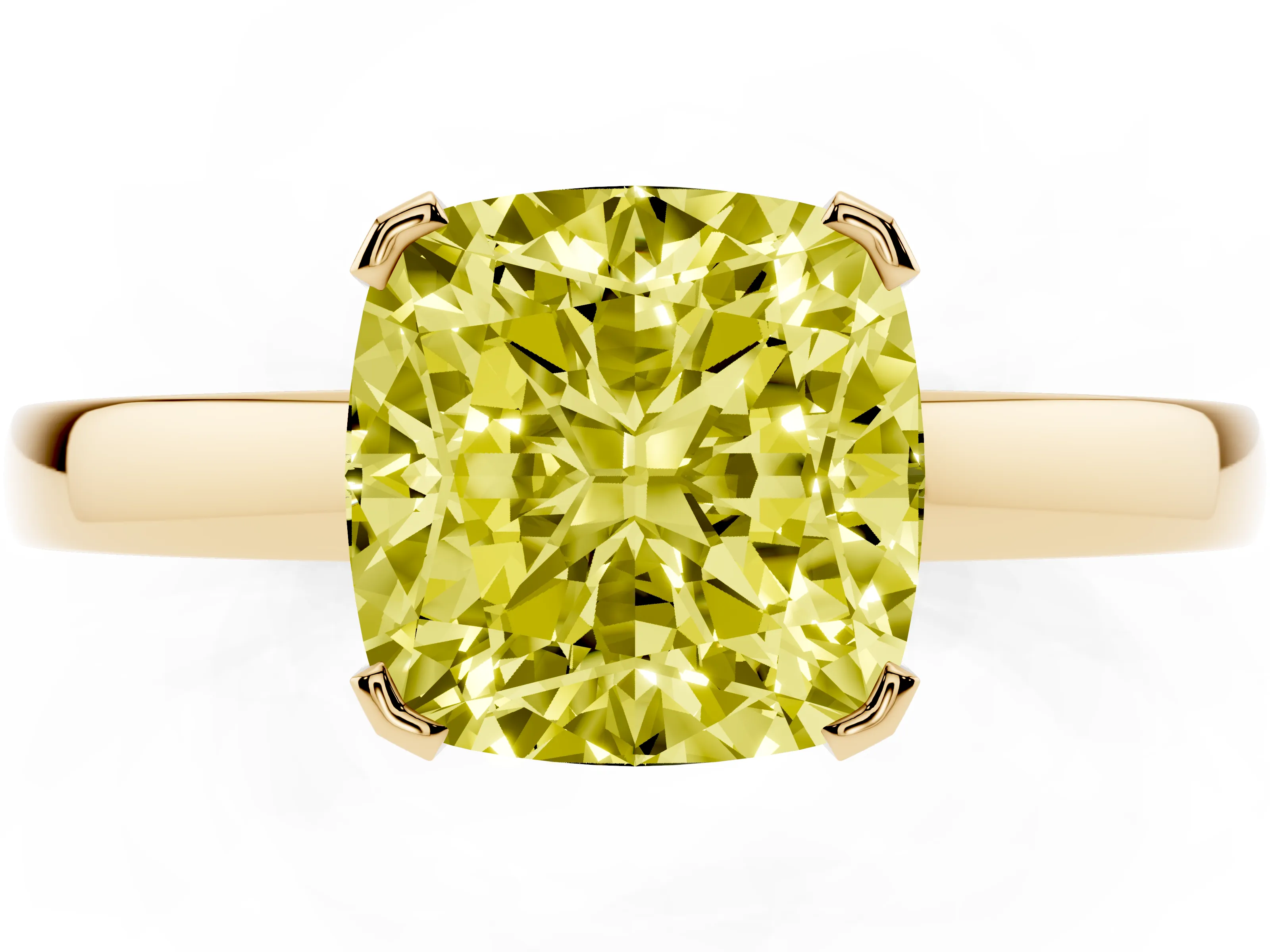 Fancy Yellow Cushion Cut Diamond Solitaire Ring Set in Yellow gold with Prong Head and Smooth Polished Band