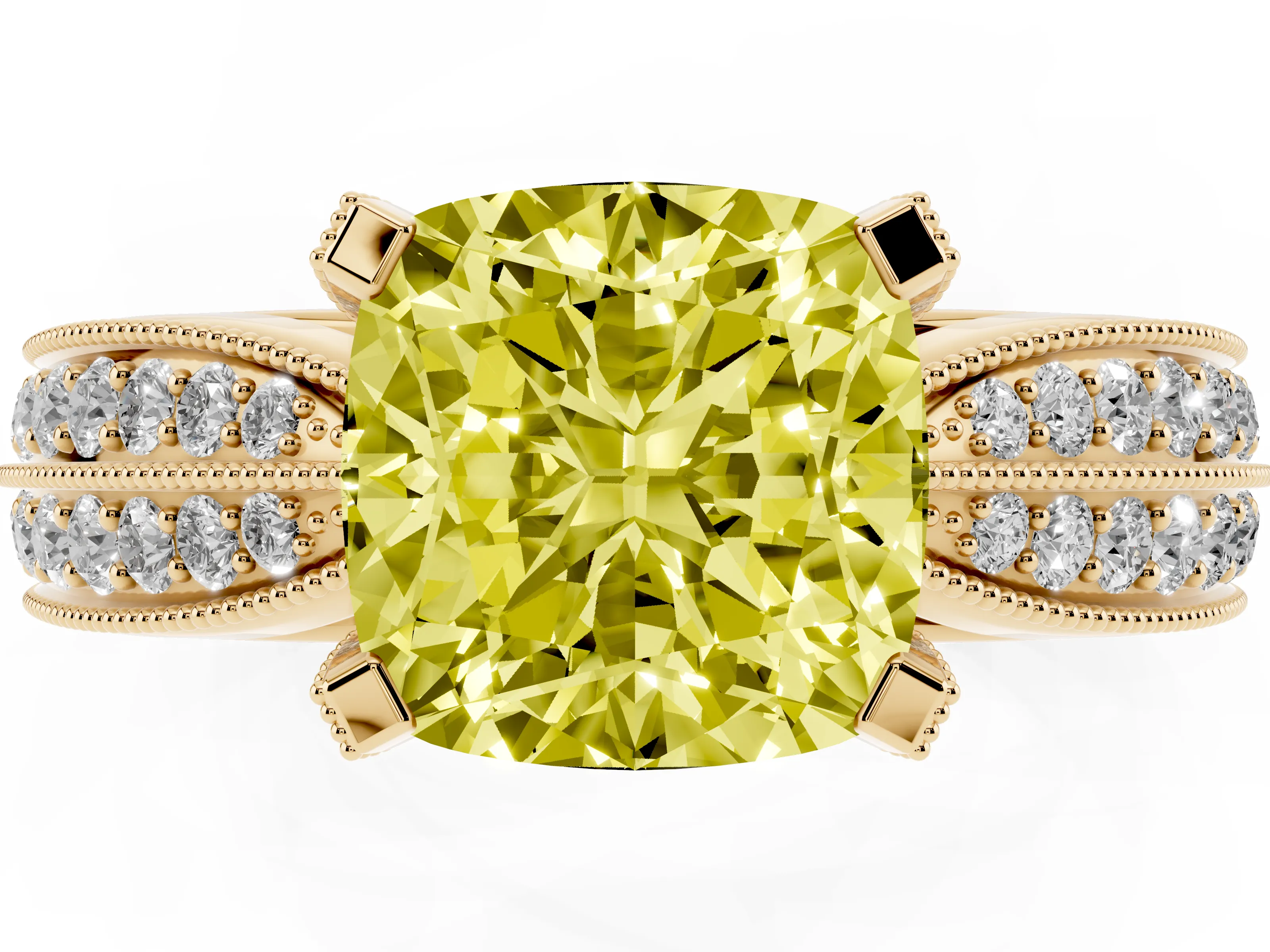 Fancy Yellow Cushion Cut Diamond Solitaire Ring Set in Yellow gold with Milgrain Double Row Round Pavé Band