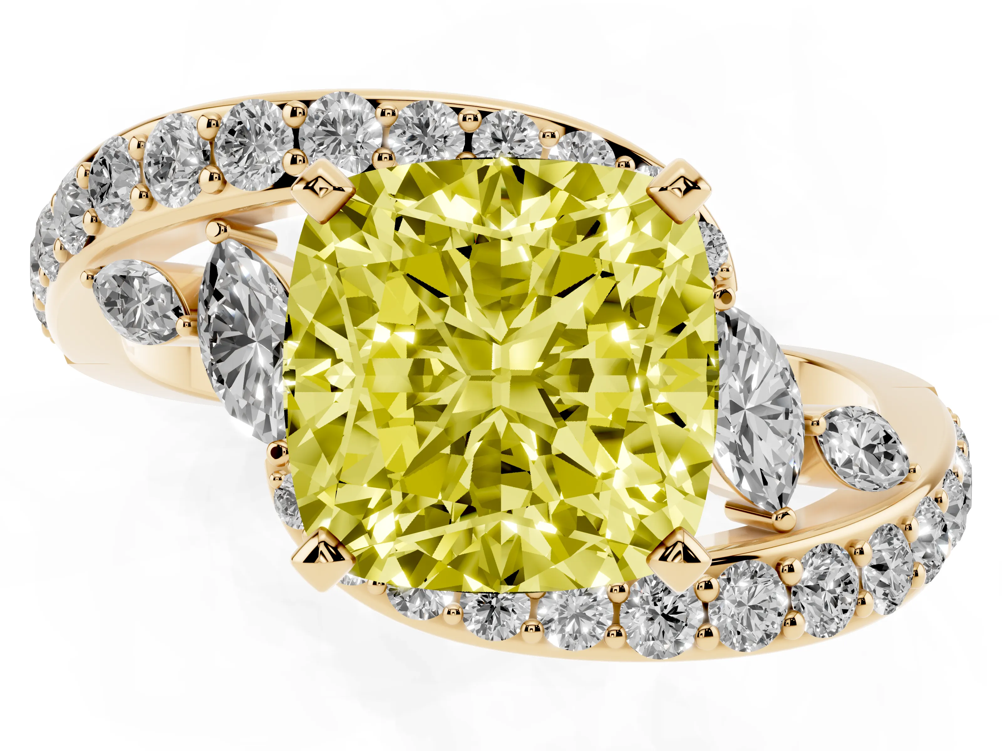 Fancy Yellow Cushion Cut Diamond Solitaire Ring Set in Yellow gold with Filigree Band and Prong Setting
