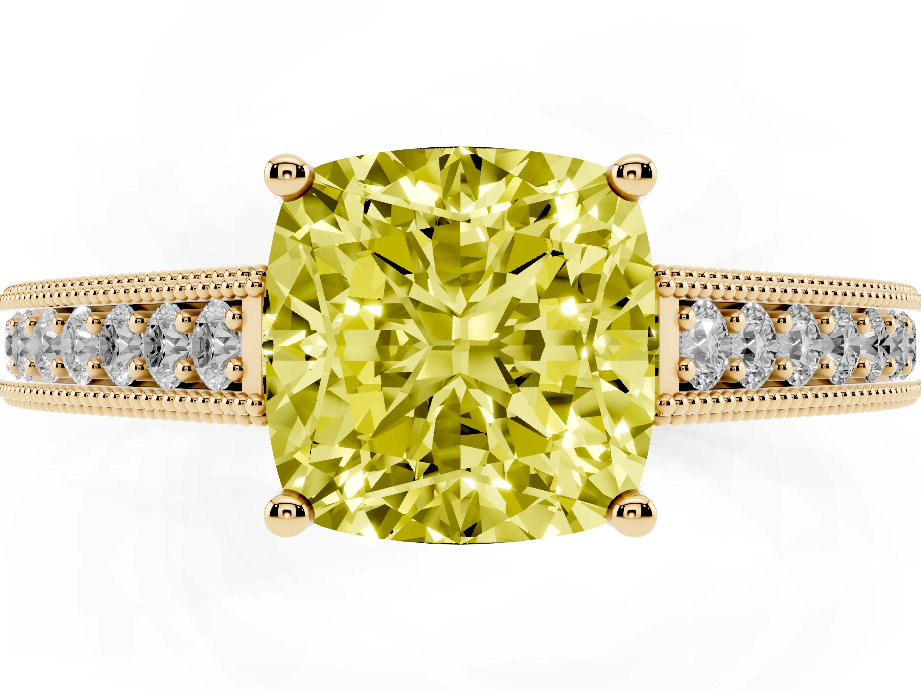 Fancy Yellow Cushion Cut Diamond Milgrain Pavé Band Solitaire Ring Set in Yellow gold with Prong Setting