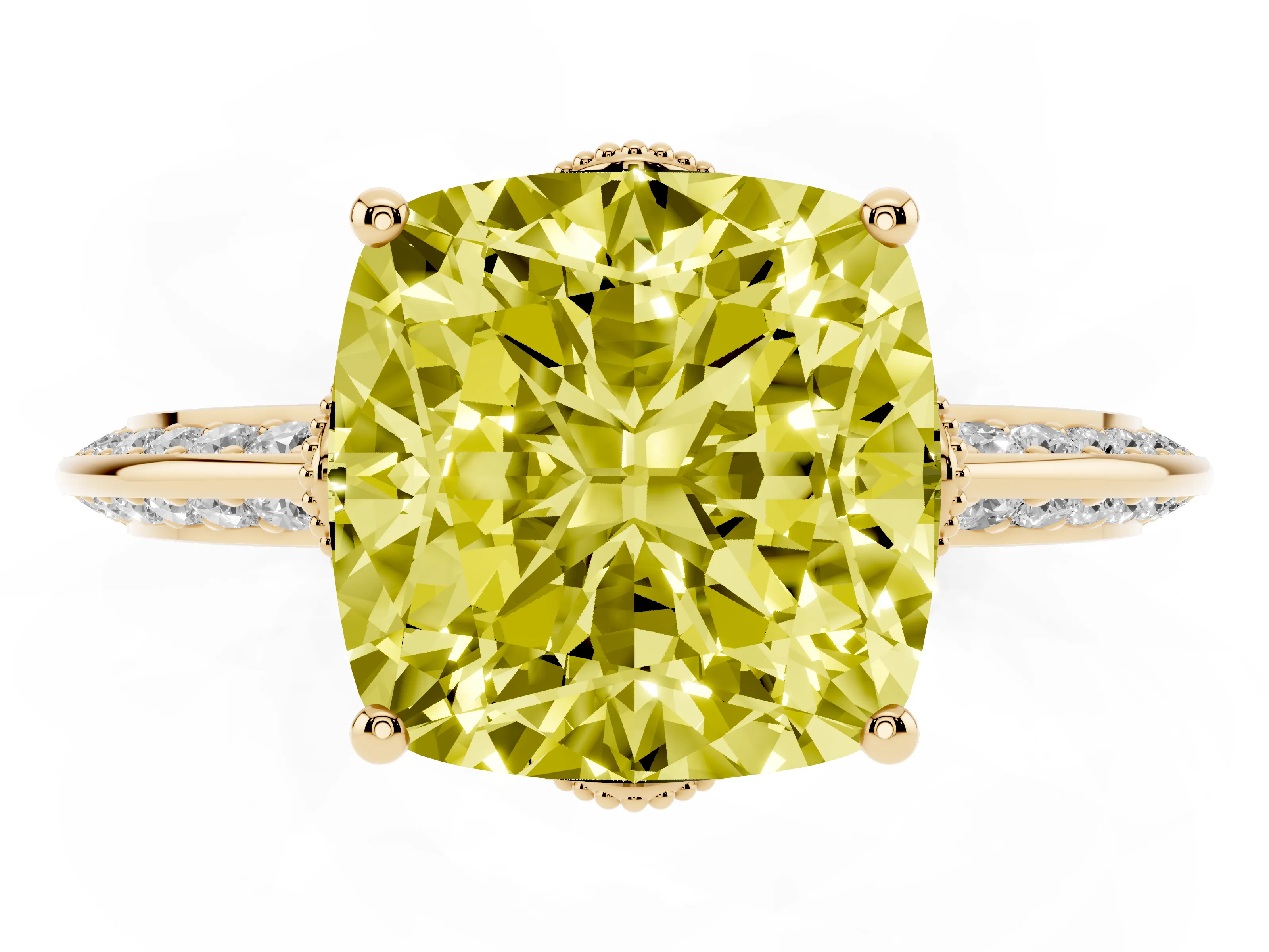 Fancy Yellow Cushion Cut Diamond Solitaire Engagement Ring Set in Yellow gold with Pavé Split Shank and Prong Setting