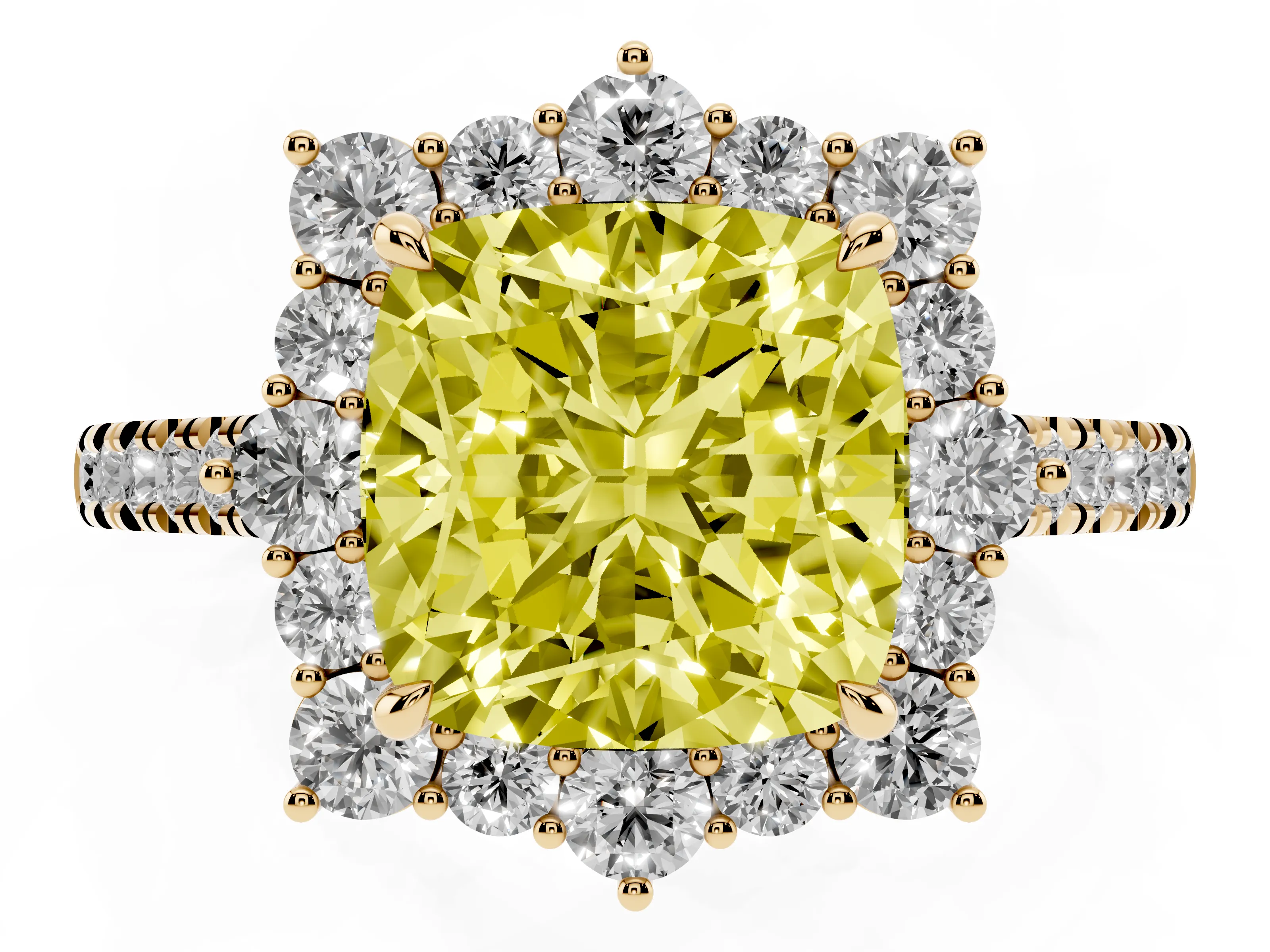 Fancy Yellow Cushion Cut Diamond Halo Ring Set in Yellow gold with Pavé Band and Prong Setting
