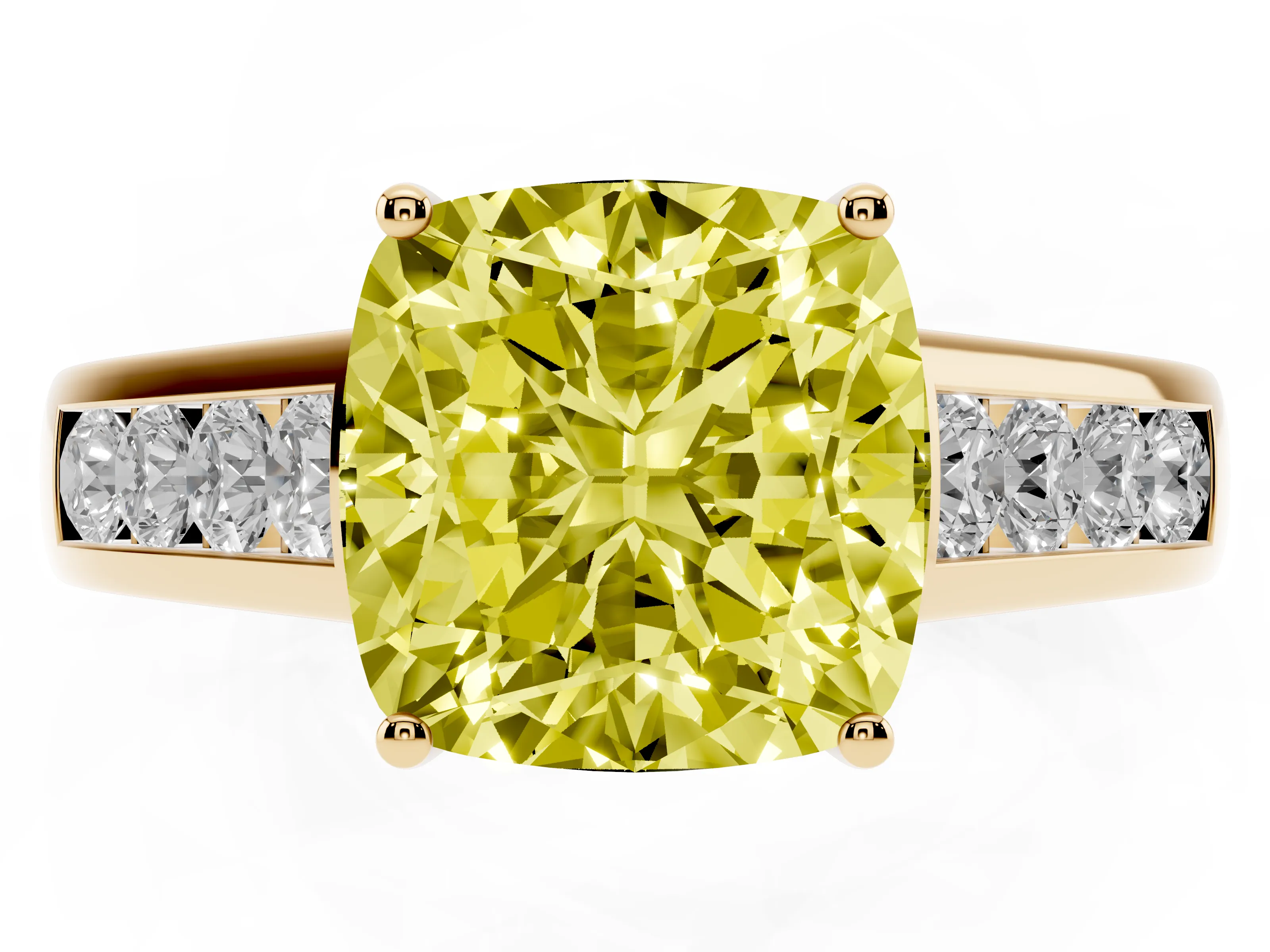 Fancy Yellow Cushion Cut Diamond Brilliant Channel-Set Solitaire Ring Set in Yellow gold with Prong Setting
