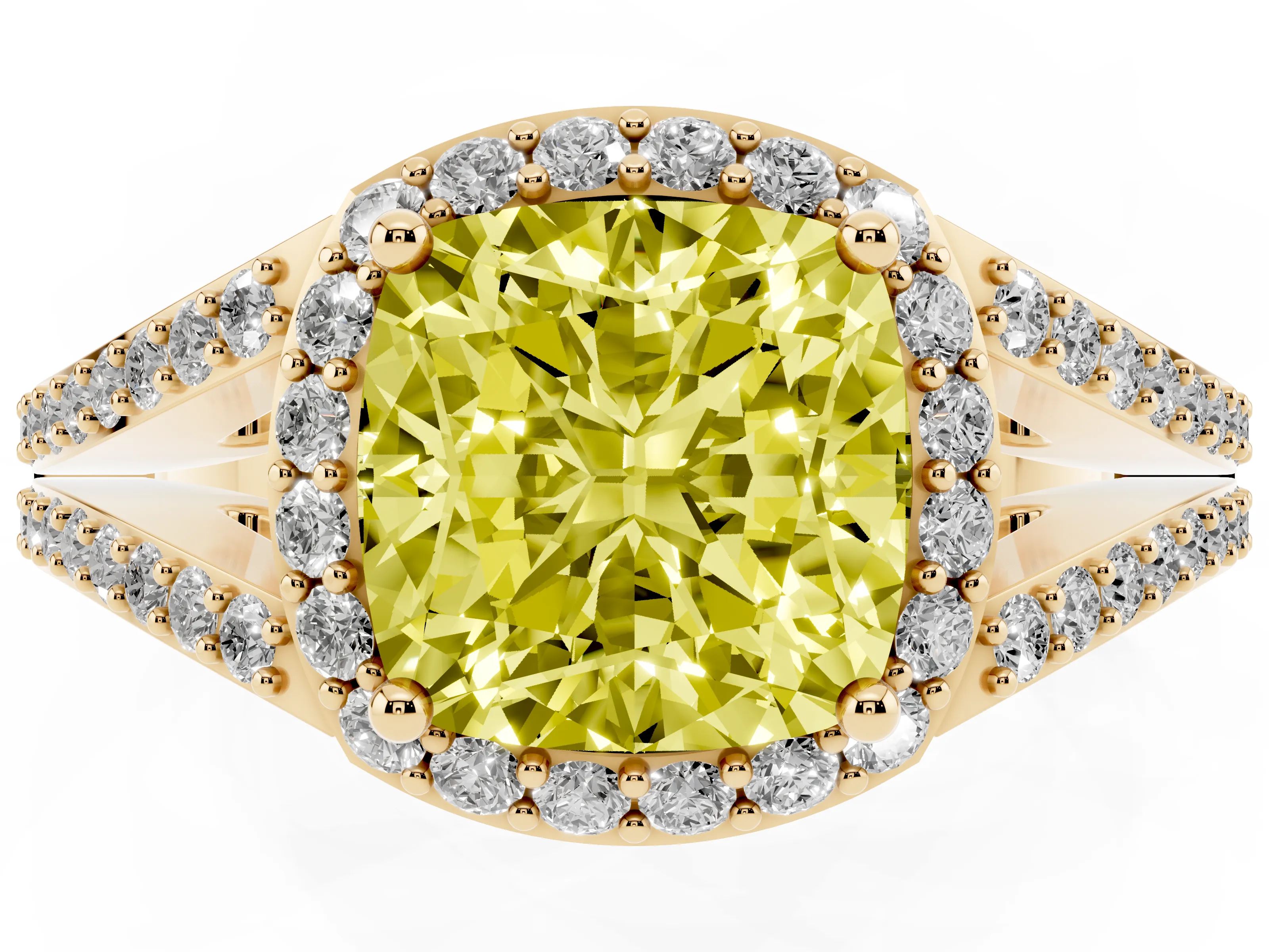 Fancy Yellow Cushion Cut Diamond Halo Split Shank Ring Set in Yellow gold with Accent Stones and Prong Setting