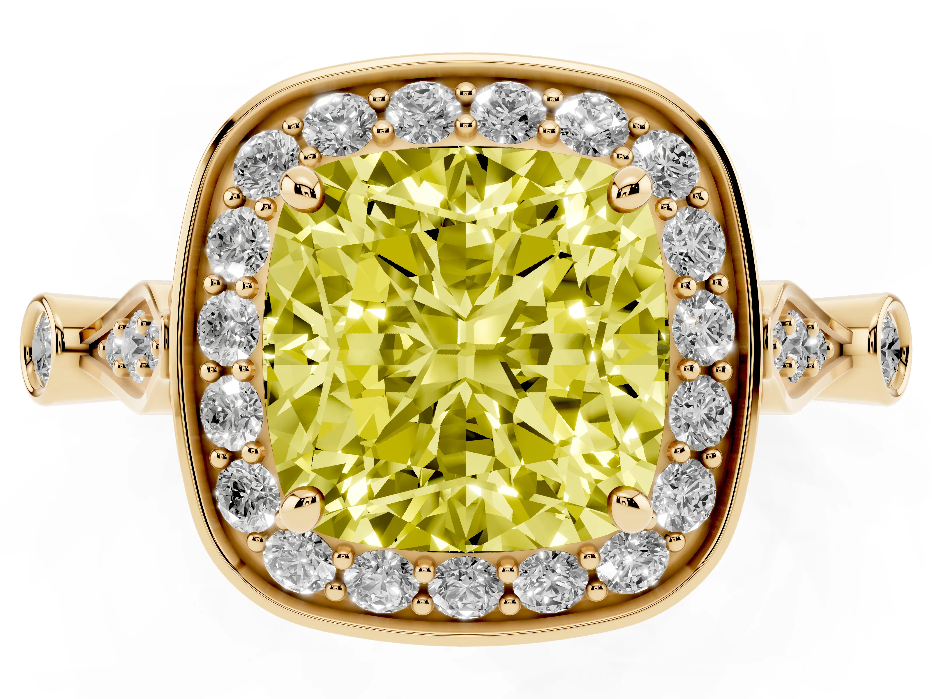 Fancy Yellow Cushion Cut Diamond Halo Engagement Ring Set in Yellow gold with Twisted Band and Prong Setting