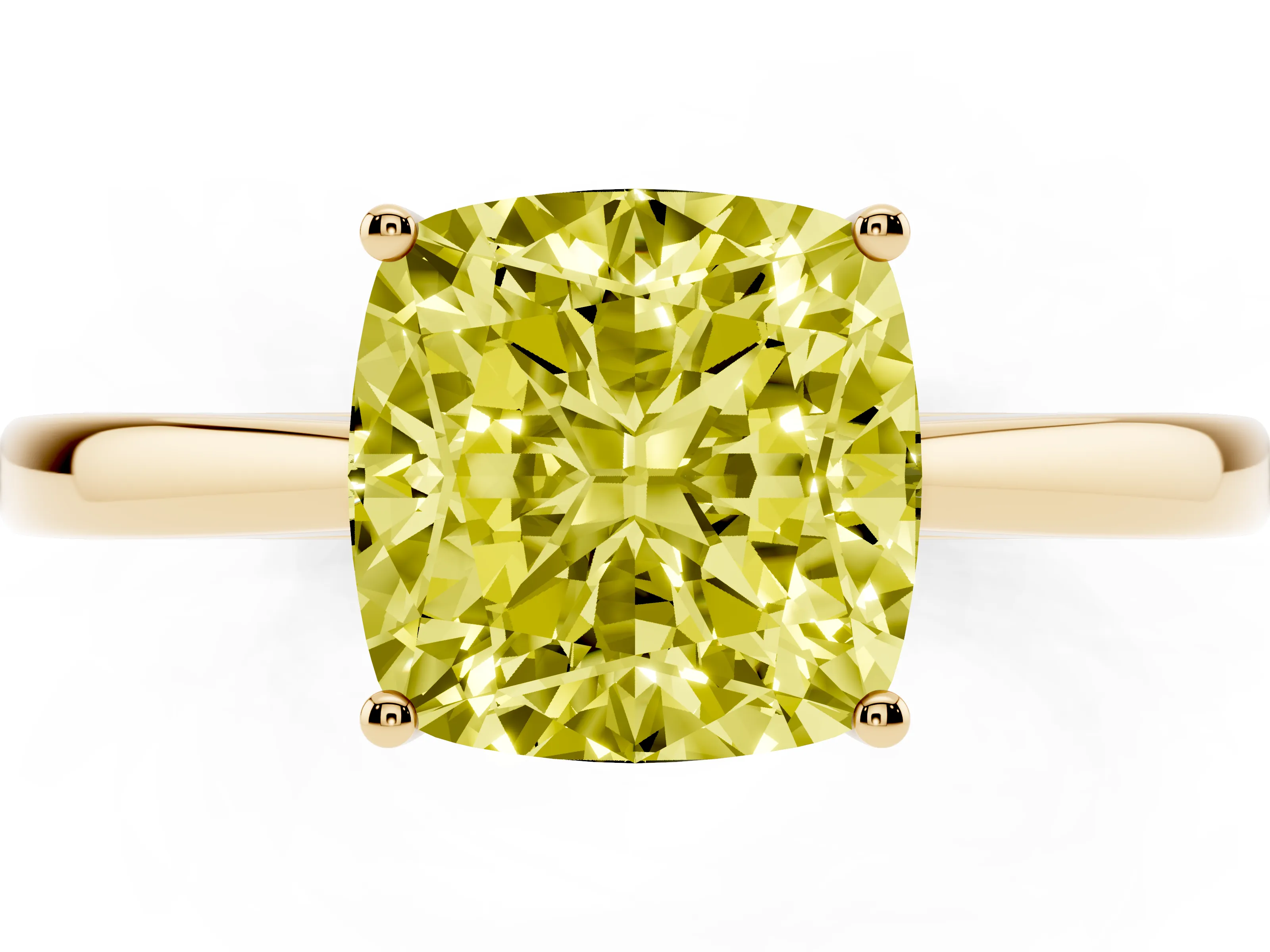 Fancy Yellow Cushion Cut Diamond Solitaire Ring Set in Yellow gold with Split Shank and Prong Setting