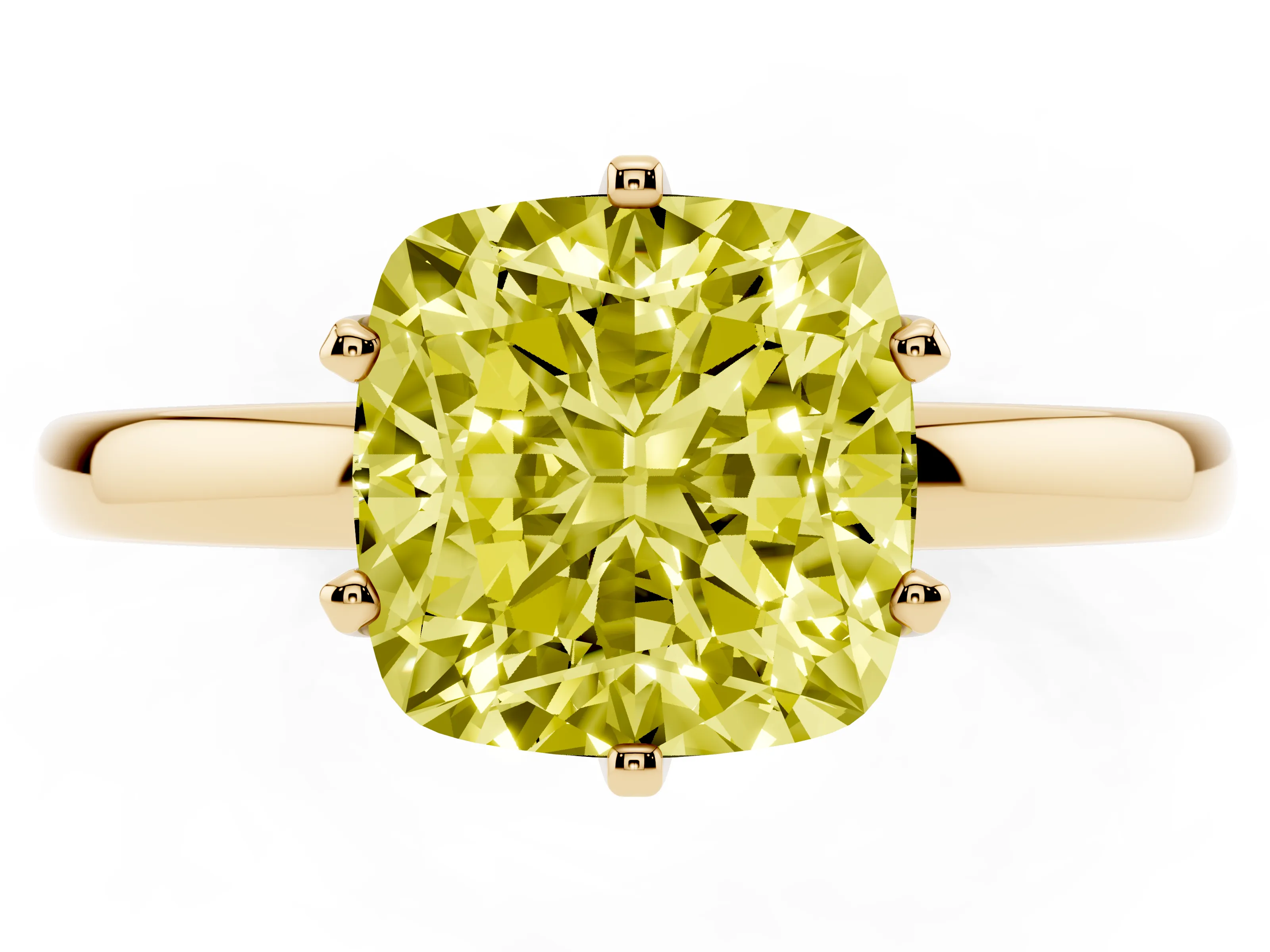 Fancy Yellow Cushion Cut Diamond Solitaire Ring Set in Yellow gold with Raised Prong Setting on a Classic Band