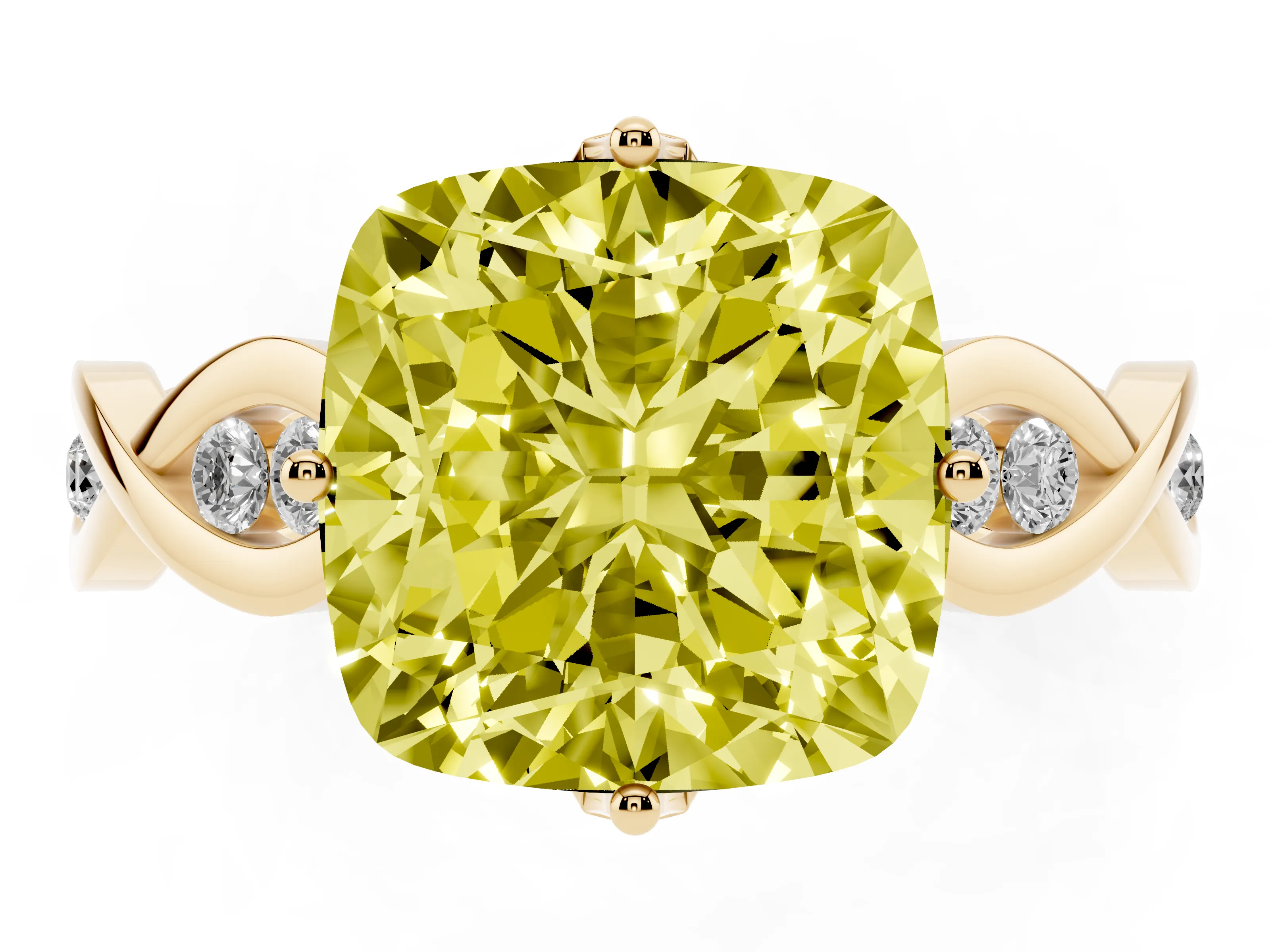 Fancy Yellow Cushion Cut Diamond Twist Band Solitaire Ring Set in Yellow gold with Leaf Prong Setting and Accent Stones