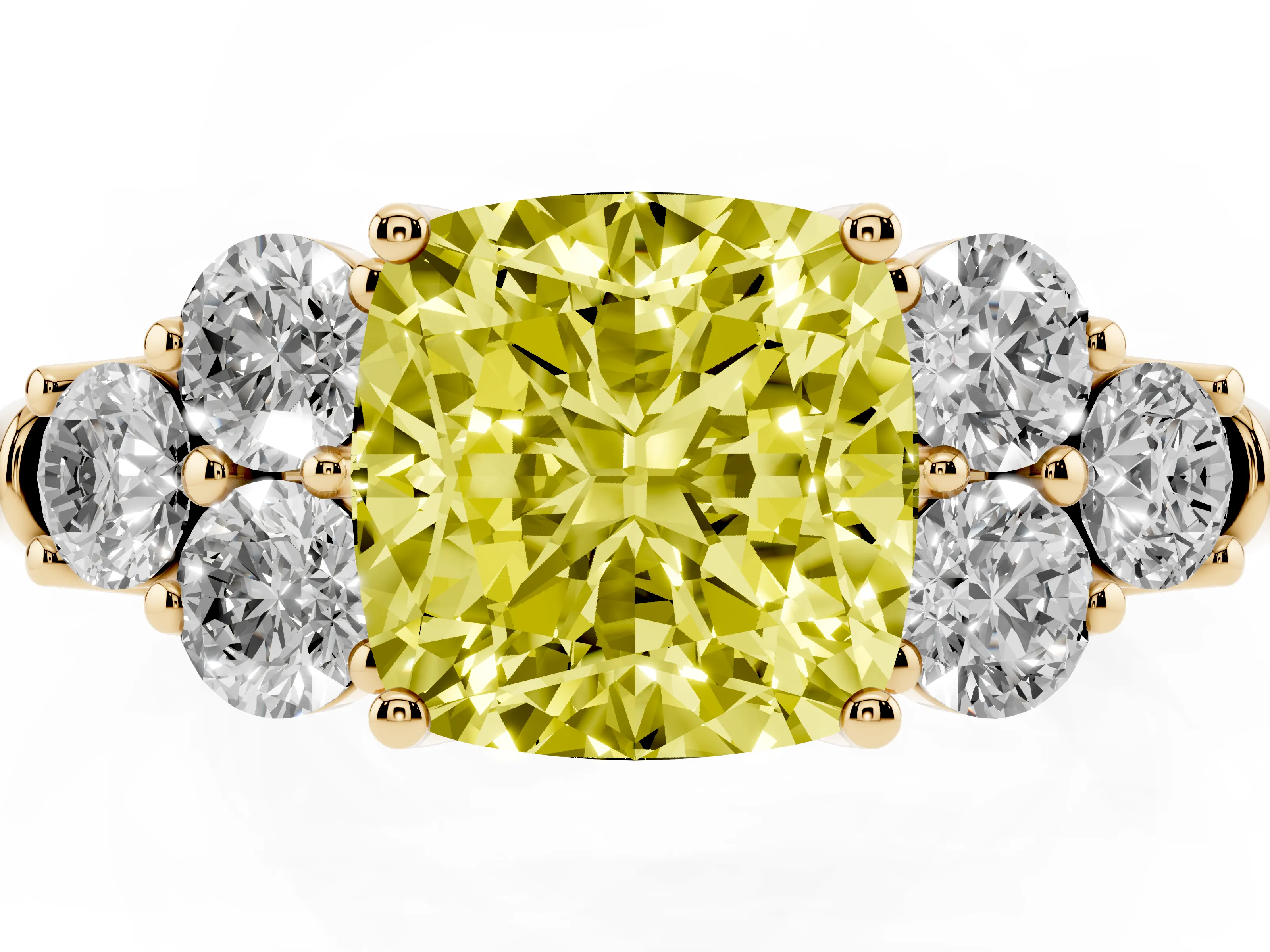 Fancy Yellow Cushion Cut Diamond Cluster Ring Set in Yellow gold with Round Accent Stones and Prong Setting on a Plain Band