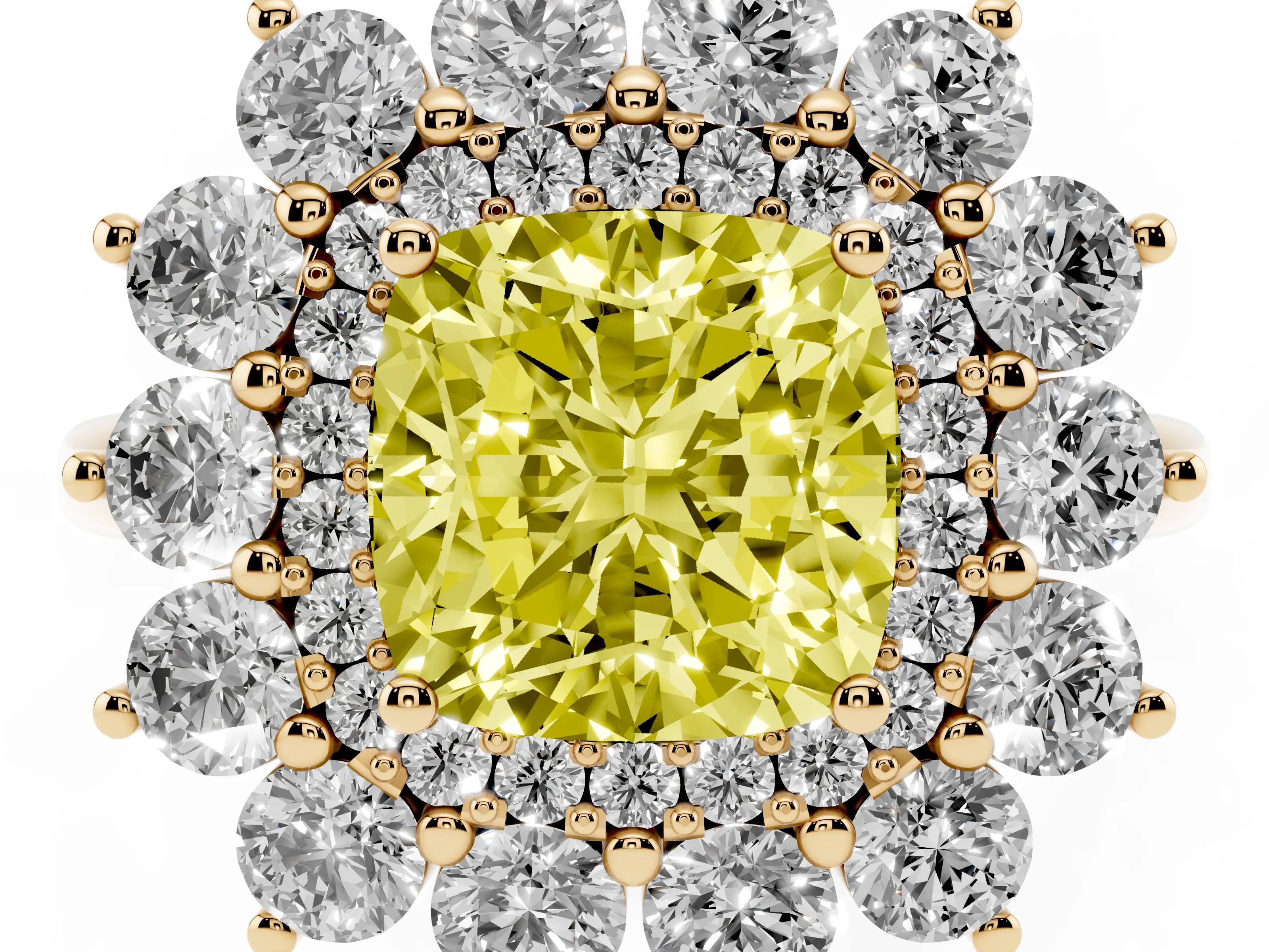 Fancy Yellow Cushion Cut Diamond Floral Double Halo Ring Set in Yellow gold with Round Petals
