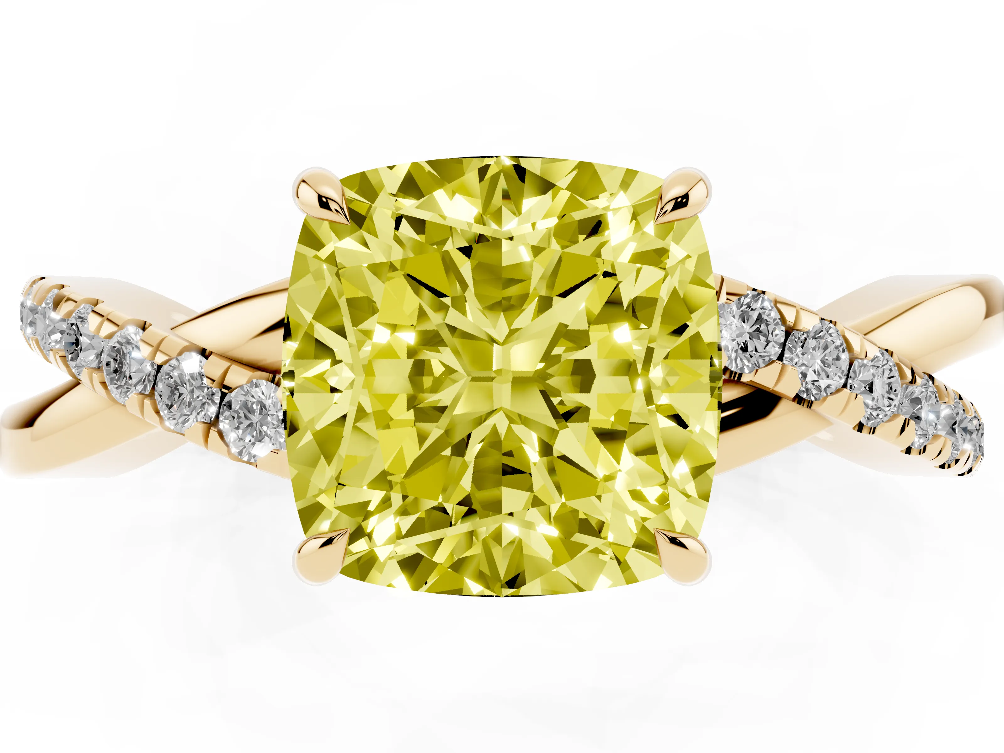 Fancy Yellow Cushion Cut Diamond Twisted Pavé Band Ring Set in Yellow gold with Prong Setting