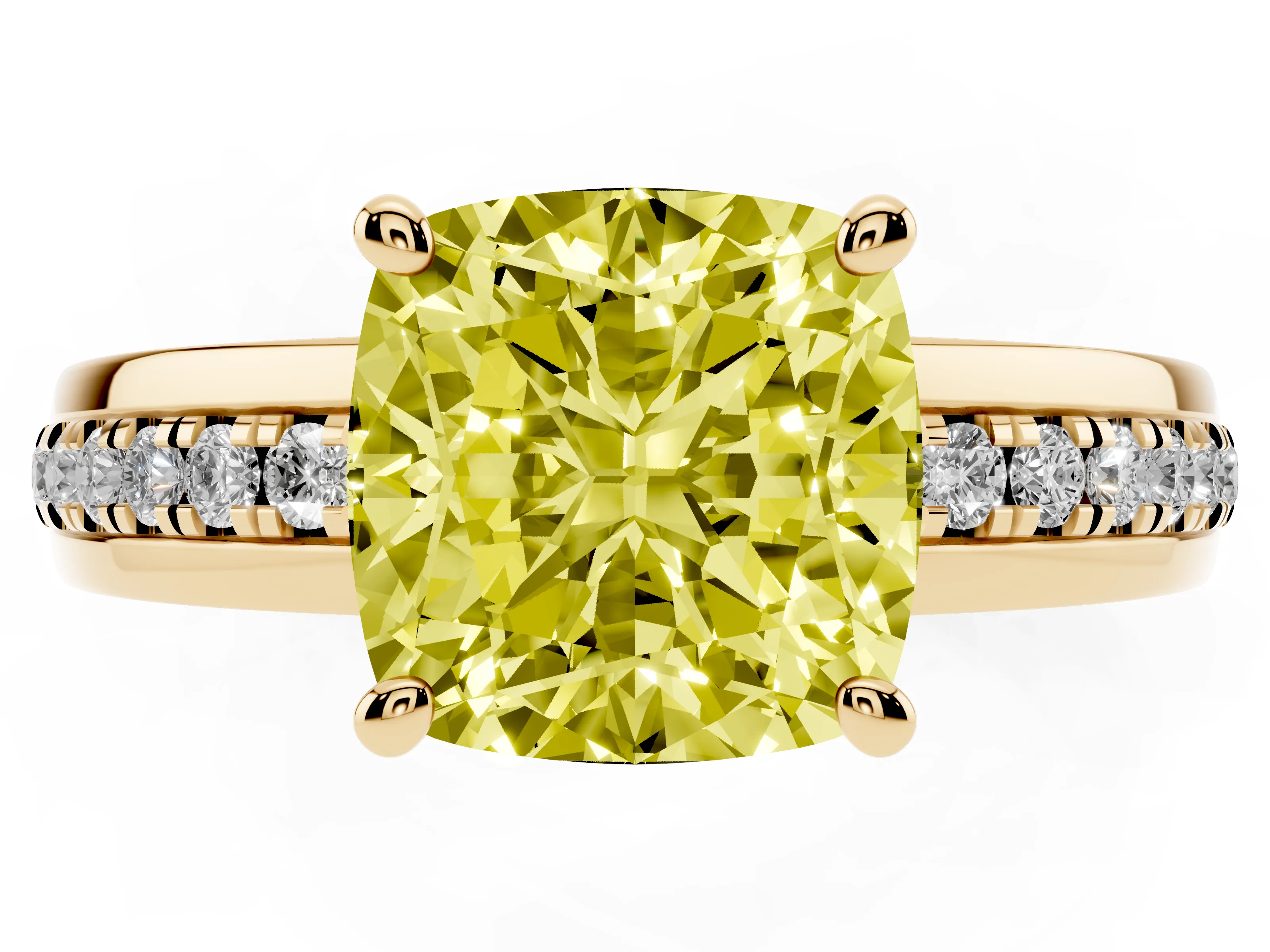 Fancy Yellow Cushion Cut Diamond Solitaire Ring Set in Yellow gold with Channel Set Band and Prong Setting