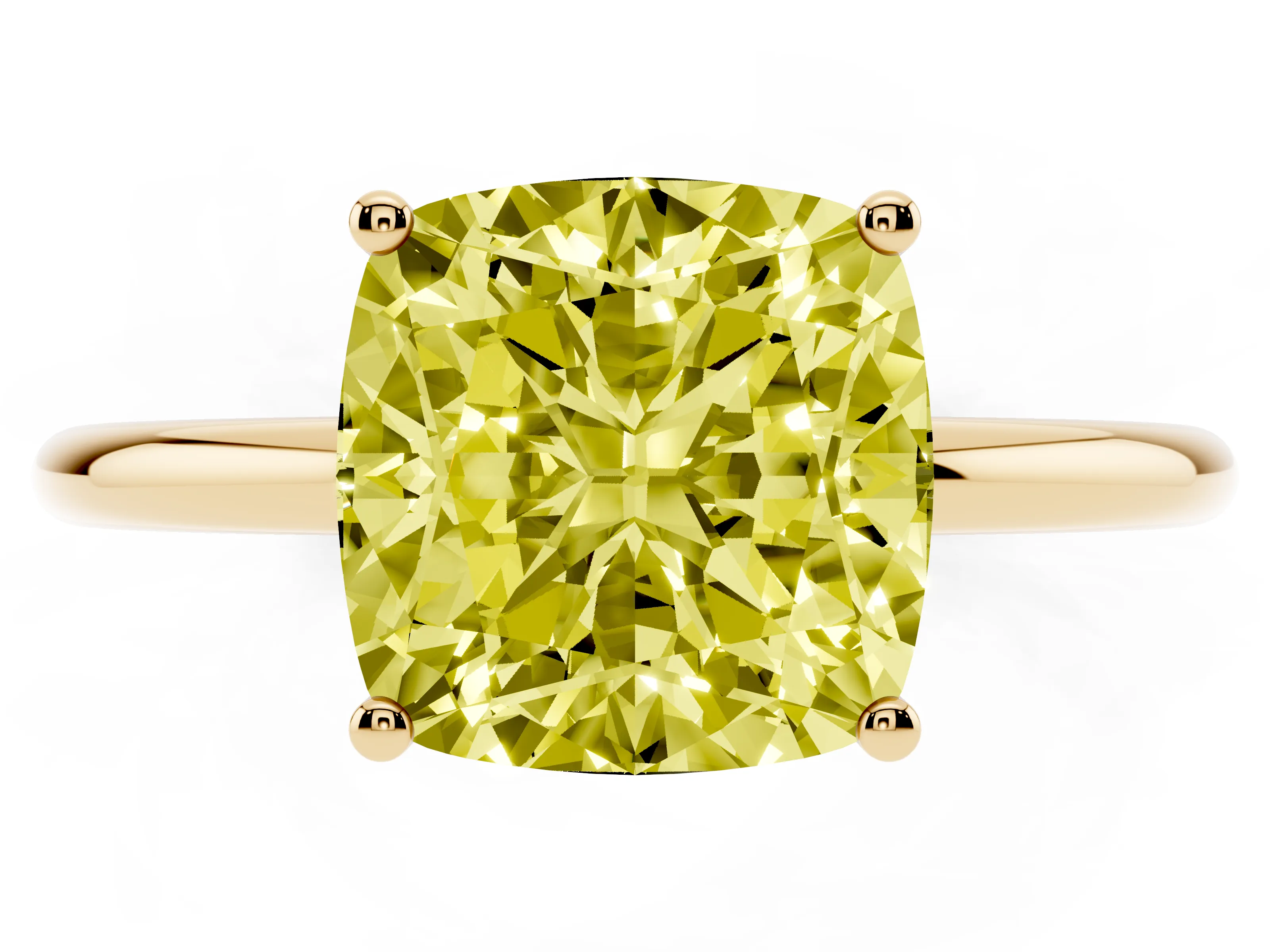 Fancy Yellow Cushion Cut Diamond Solitaire Engagement Ring Set in Yellow gold with Thin Band and Prong Setting