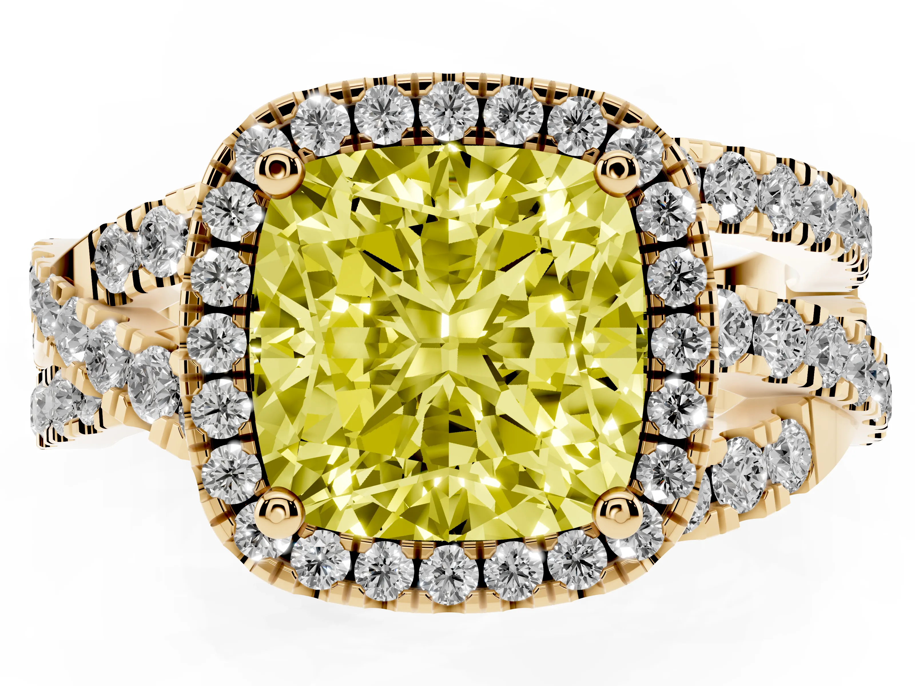Fancy Yellow Cushion Cut Diamond Halo Ring Set in Yellow gold with Round Crossover Split Shank and Prong Setting