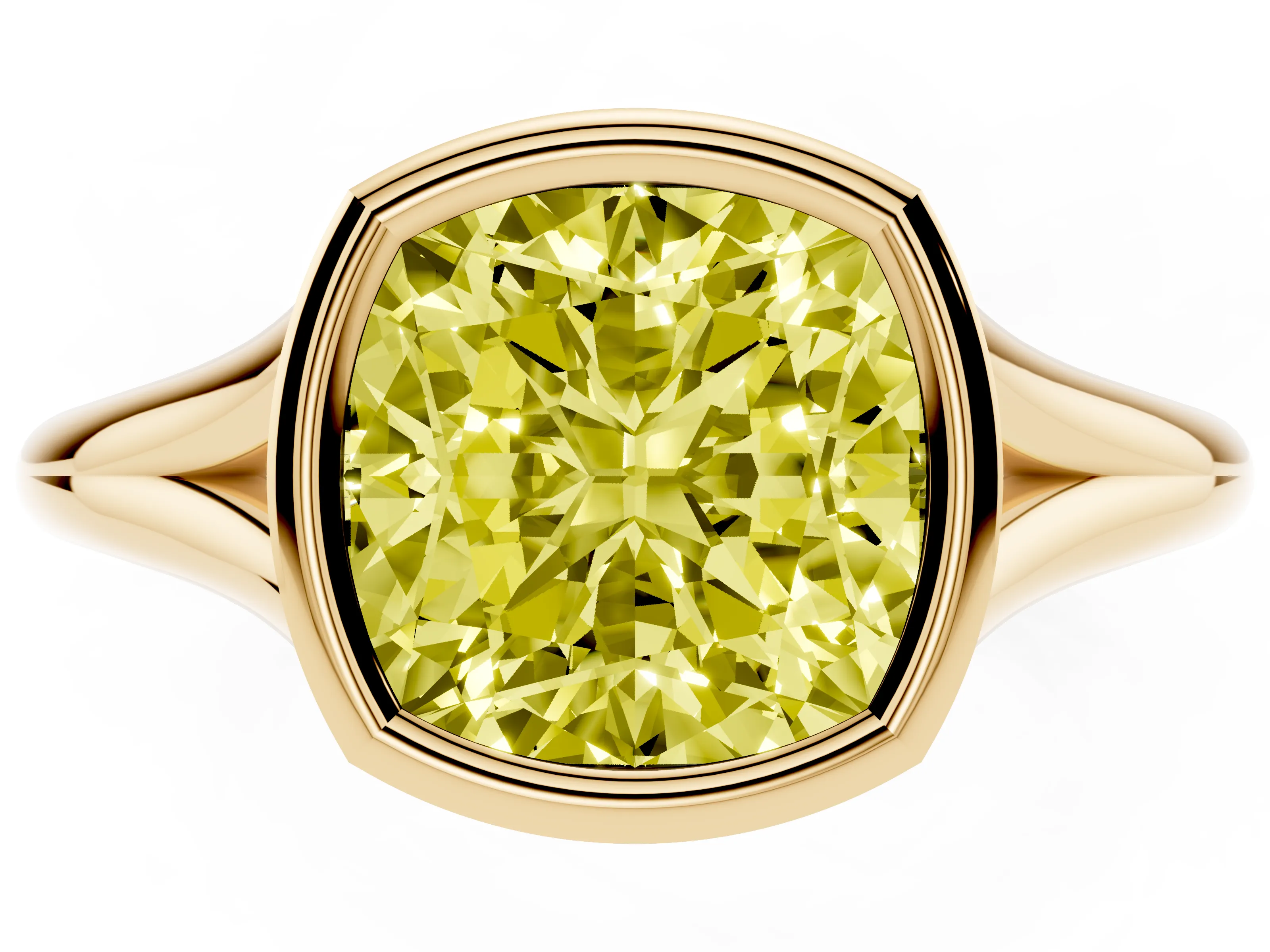 Fancy Yellow Bezel Set Cushion Cut Diamond Solitaire Ring Set in Yellow gold with Tapered Band