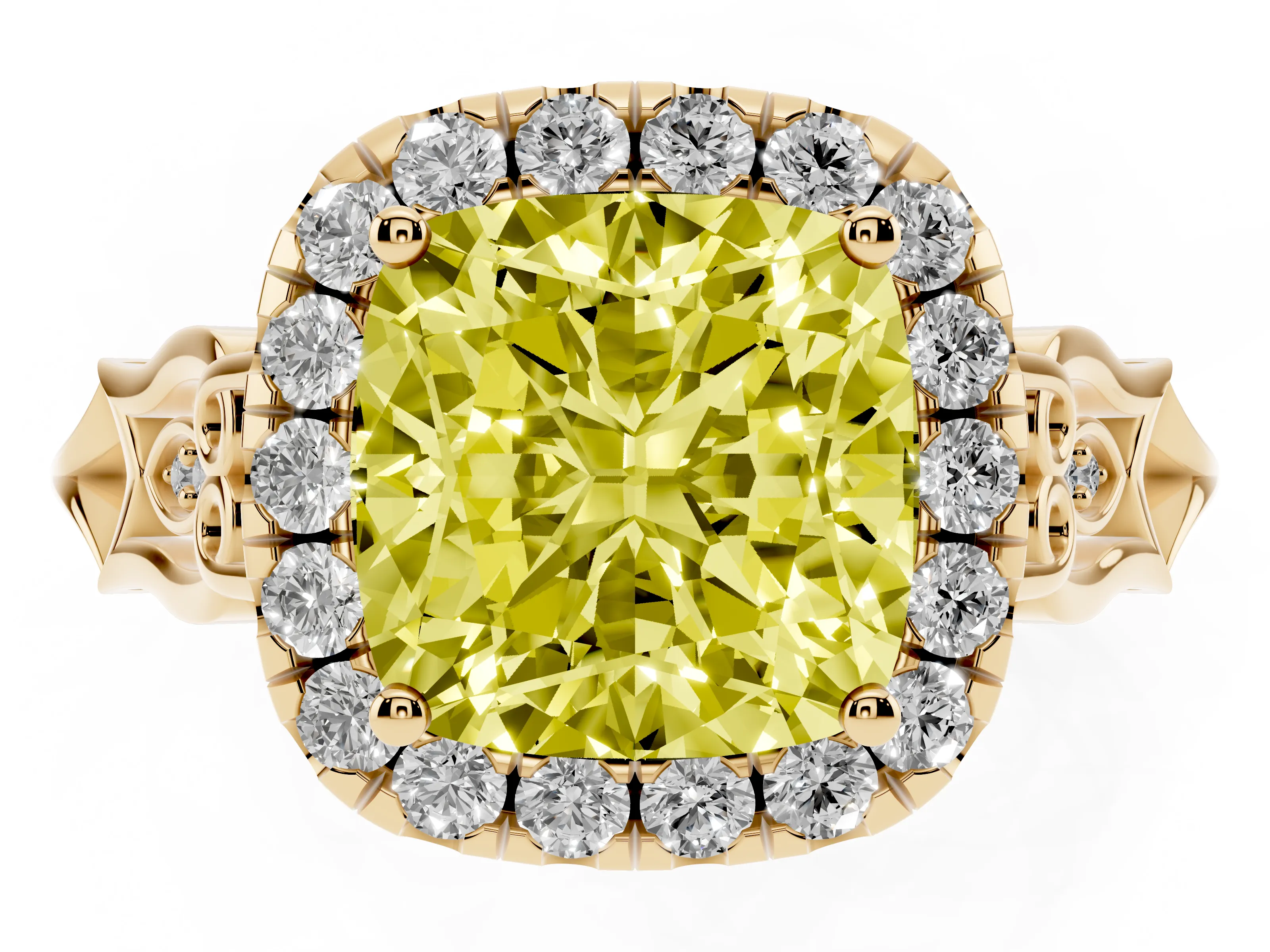 Fancy Yellow Cushion Cut Diamond Halo Engagement Ring Set in Yellow gold with Filigree Band and Prong-Set Center