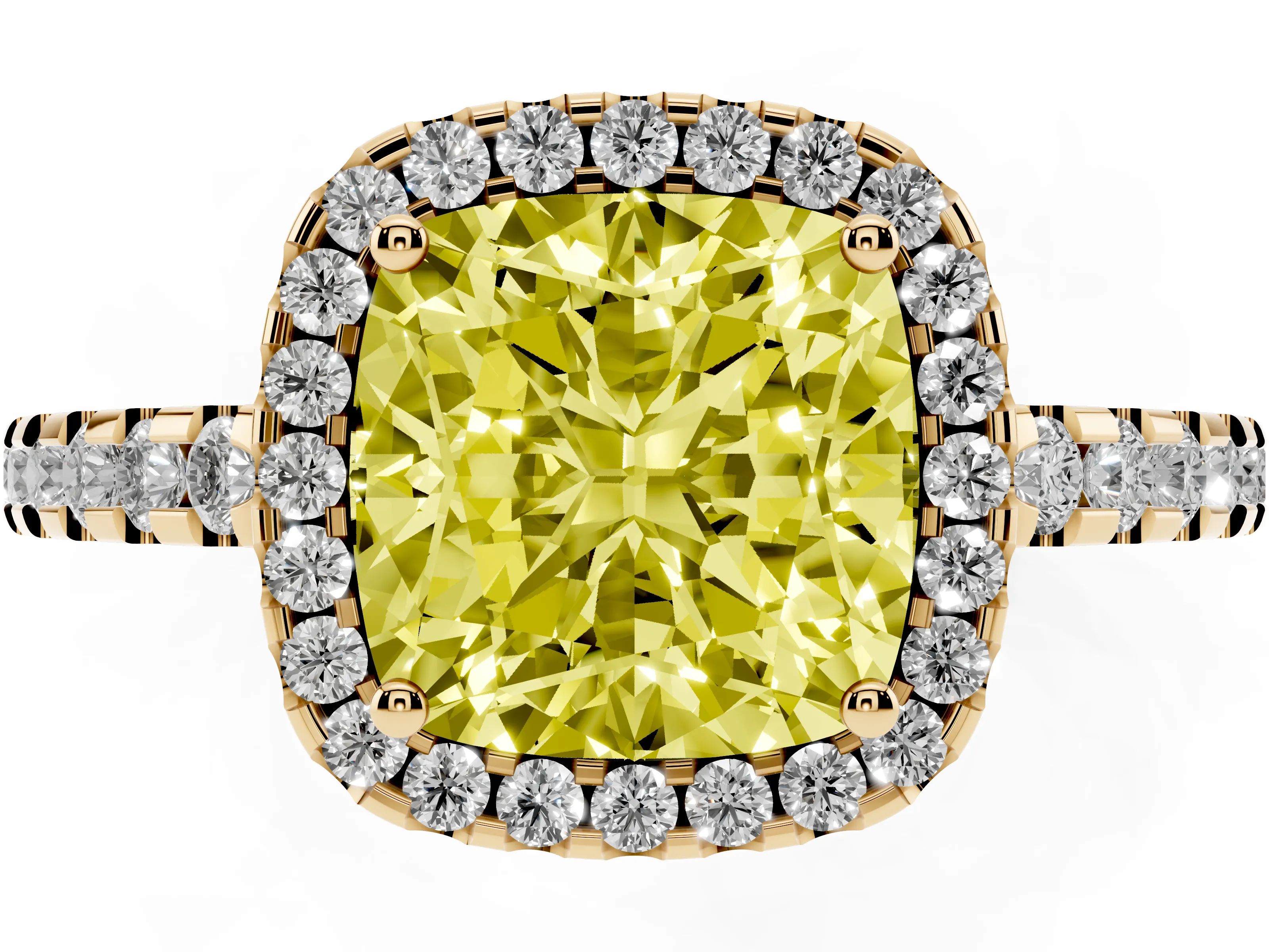 Fancy Yellow Cushion Cut Diamond Halo Ring Set in Yellow gold with Pavé Shoulders and Halo-Framed Center