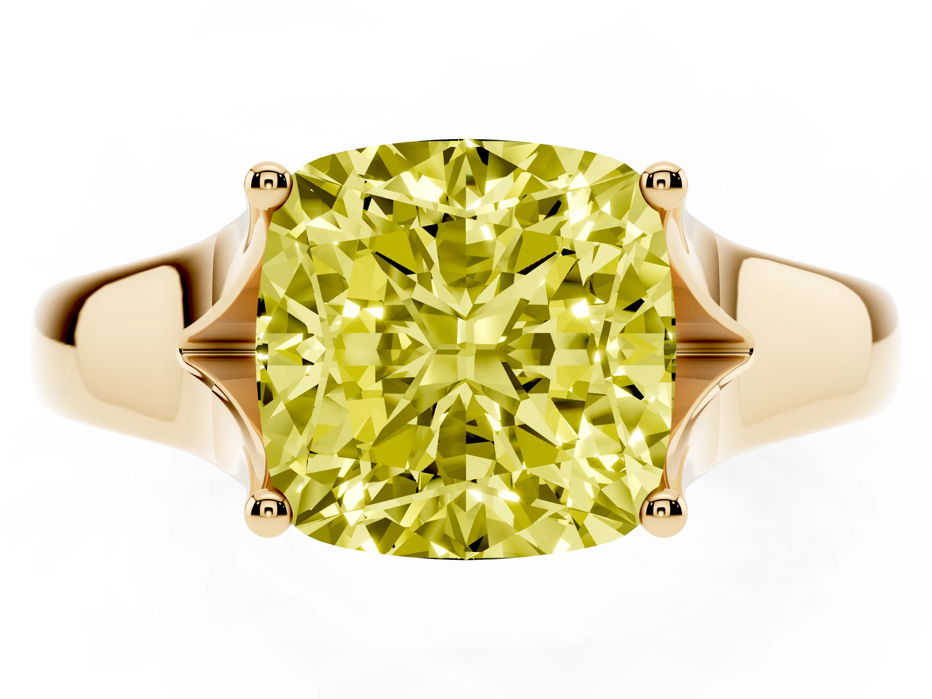 Fancy Yellow Cushion Cut Diamond Solitaire Ring Set in Yellow gold with Arched Cathedral Band and Prong Setting