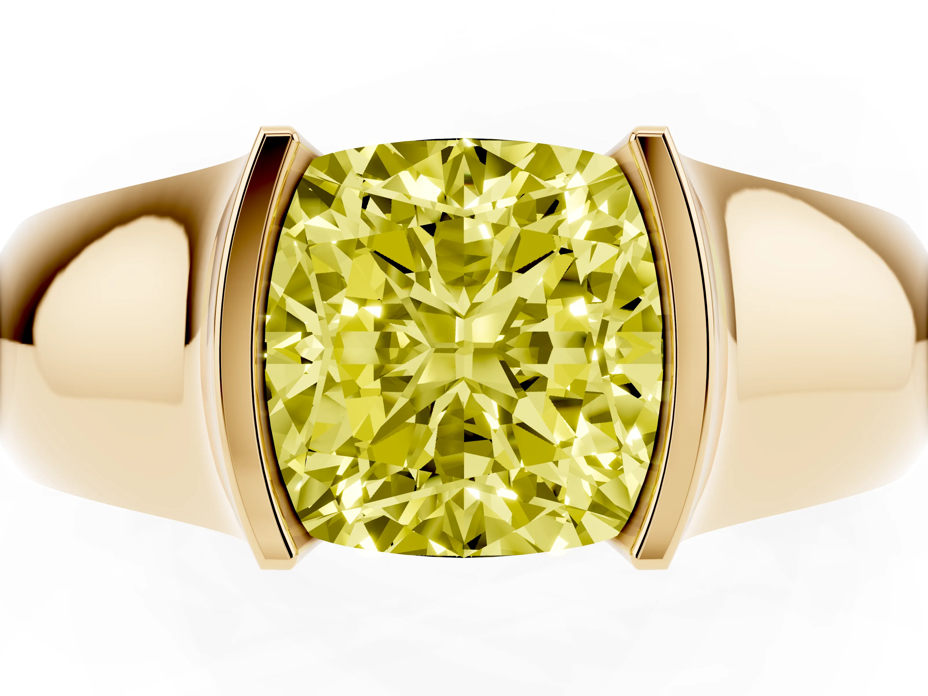 Fancy Yellow Cushion Cut Diamond Bezel Solitaire Ring Set in Yellow gold with Wide Band