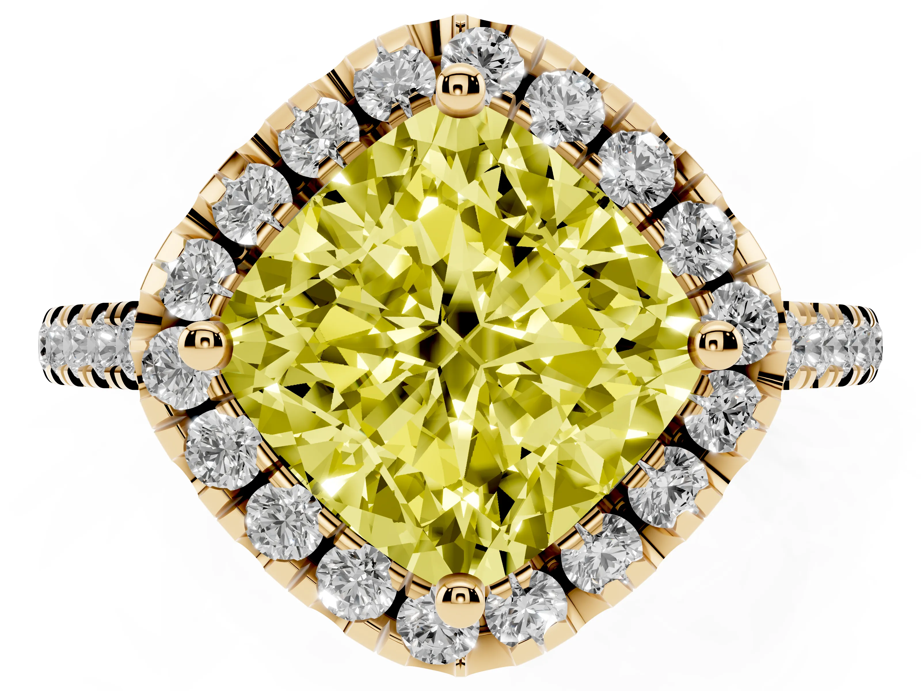 Fancy Yellow Cushion Cut Diamond Cushion Halo Ring Set in Yellow gold with Pavé Band