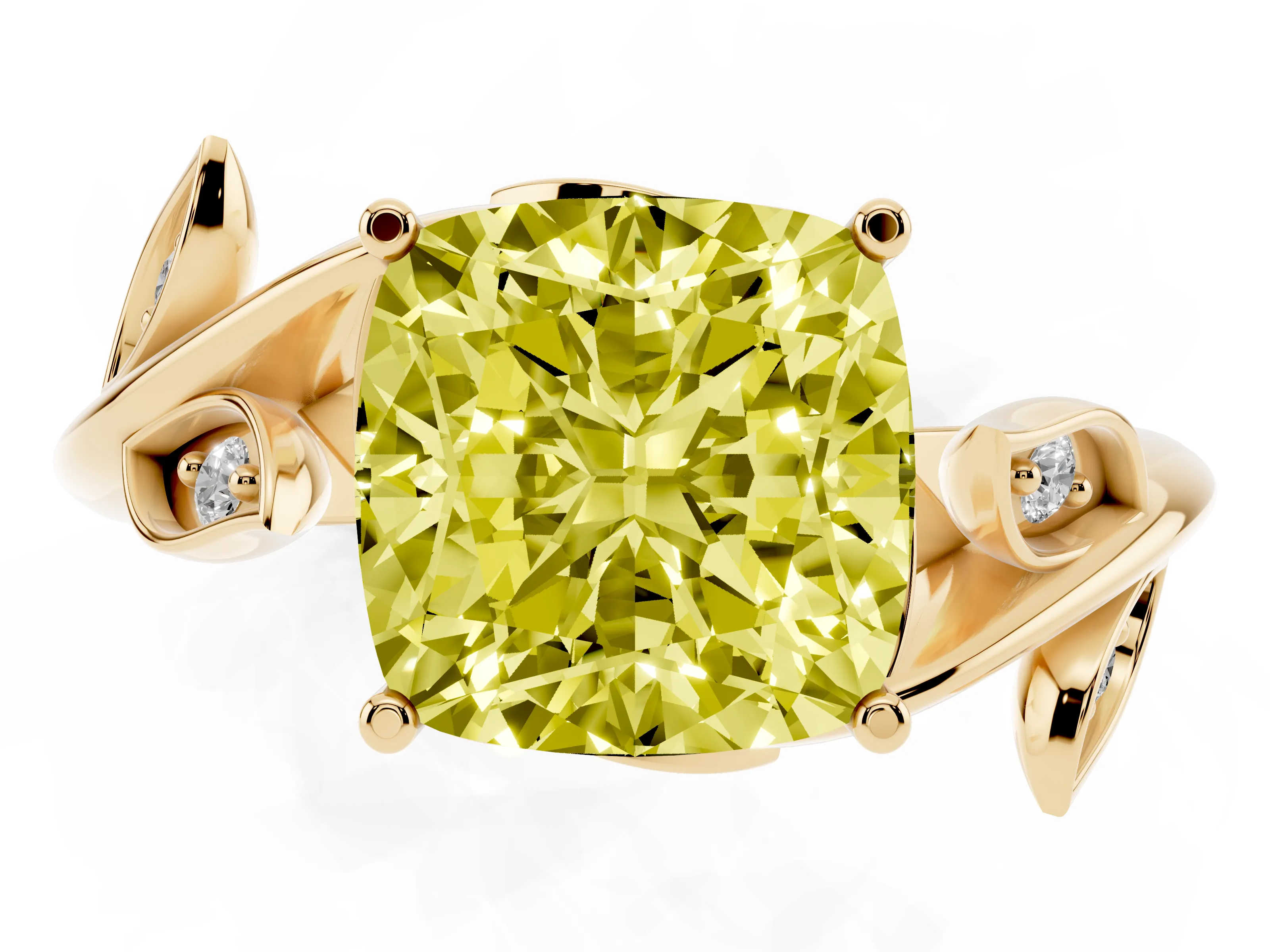 Fancy Yellow Cushion Cut Diamond Solitaire Twist Engagement Ring Set in Yellow gold with Pavé Leaf Accents