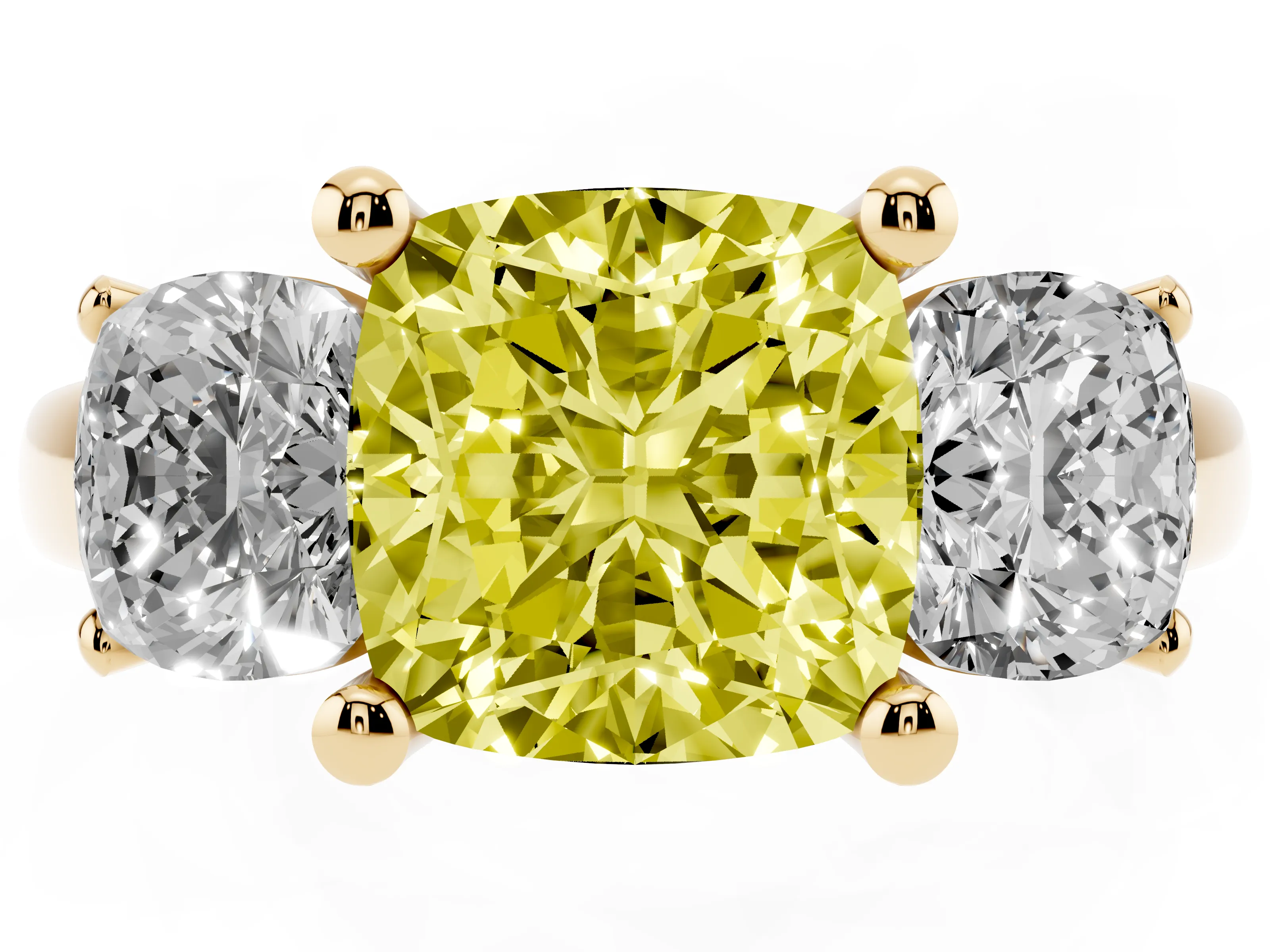 Fancy Yellow Cushion Cut Diamond Three-Stone Ring Set in Yellow gold with Classic Prong Setting and Plain Band