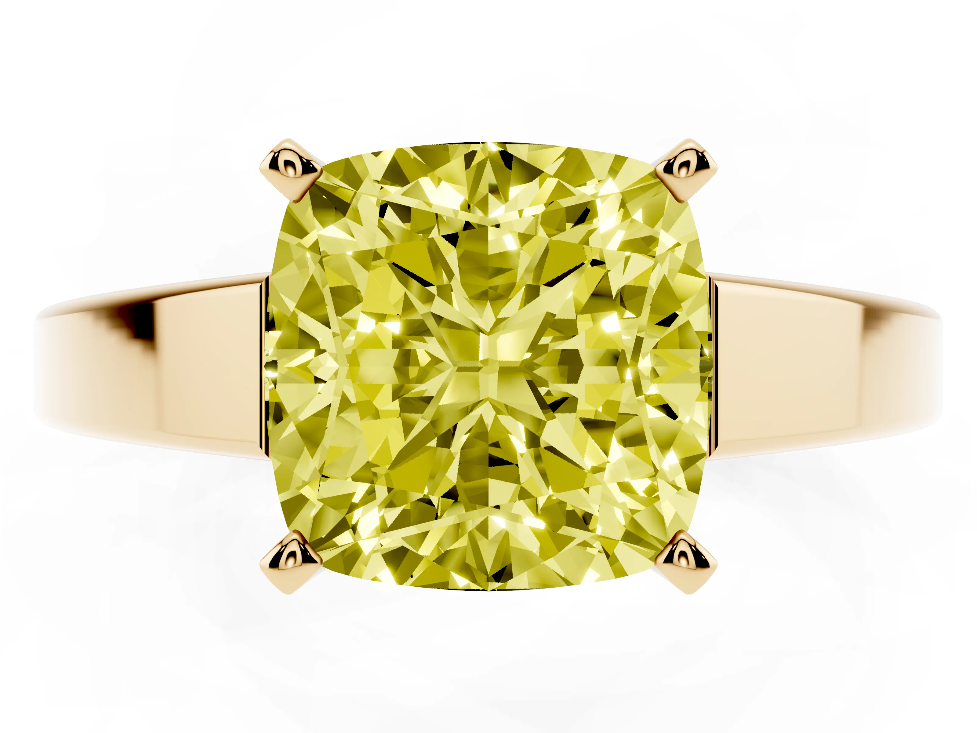 Fancy Yellow Cushion Cut Diamond Solitaire Engagement Ring Set in Yellow gold with Prong Setting and Tapered Band