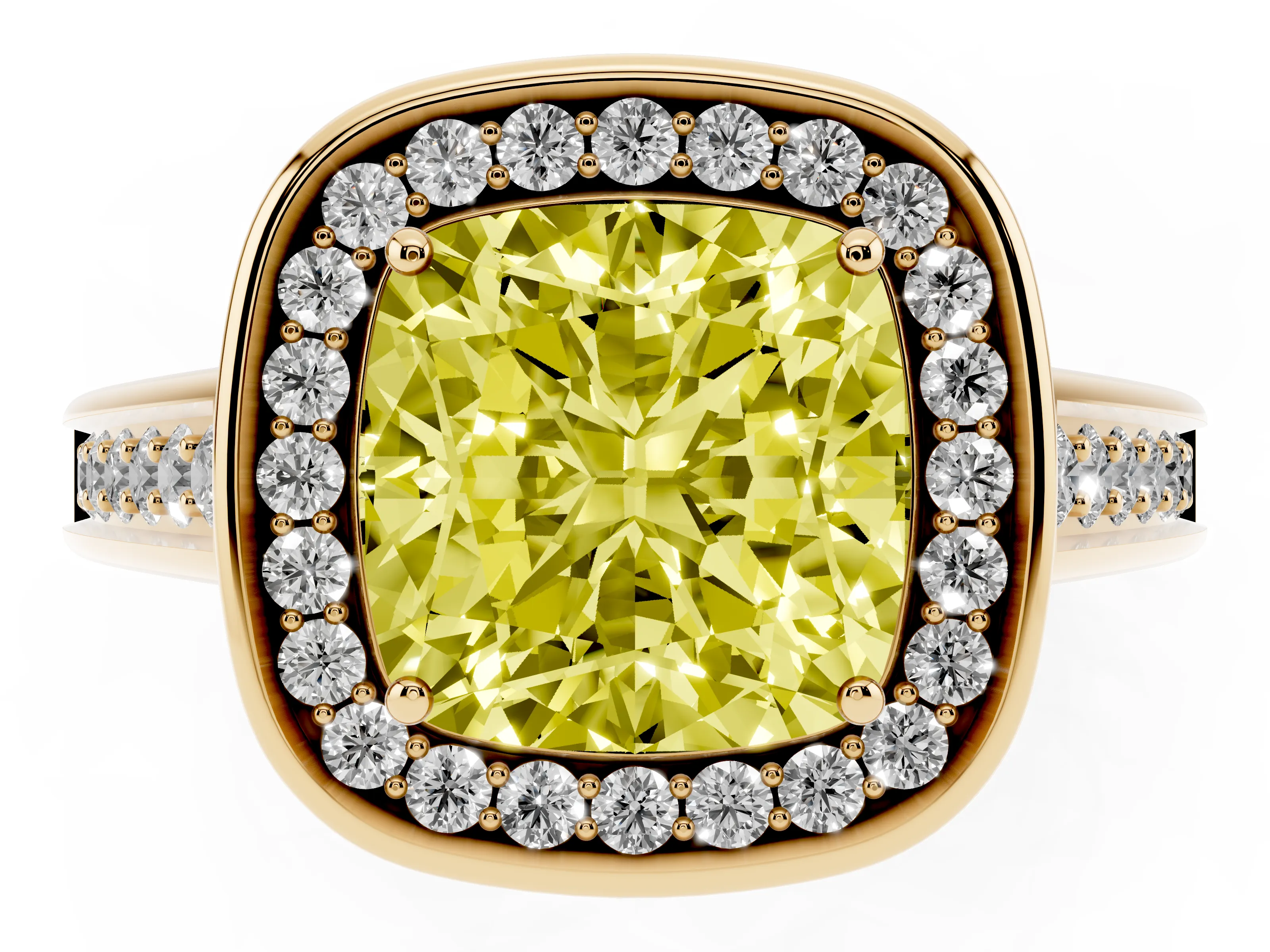 Fancy Yellow Cushion Cut Diamond Halo Solitaire Ring Set in Yellow gold with Pavé Band and Bezel Setting