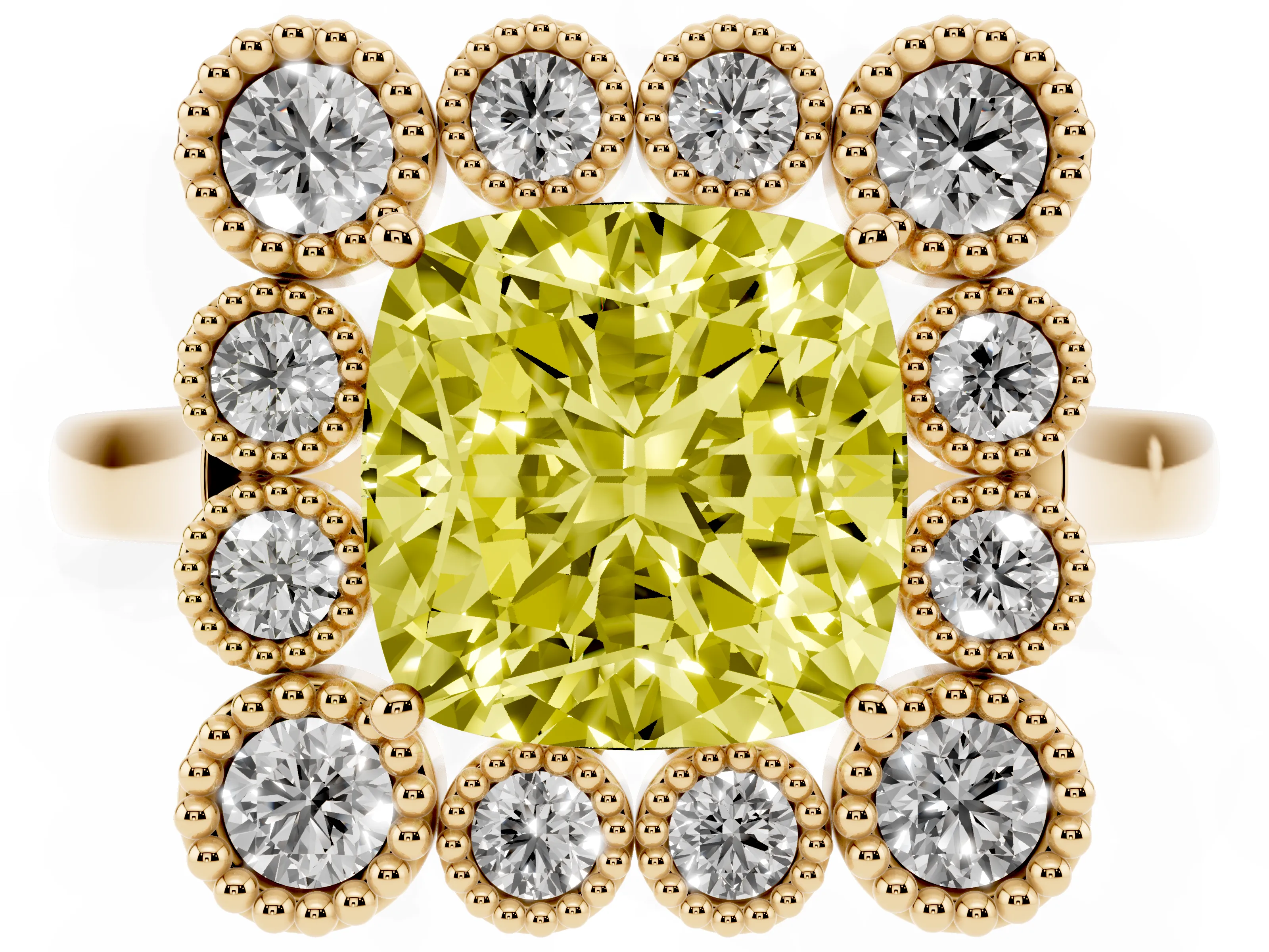 Fancy Yellow Cushion Cut Diamond Cluster Halo Ring Set in Yellow gold with Milgrain Bezel Accents and Plain Band
