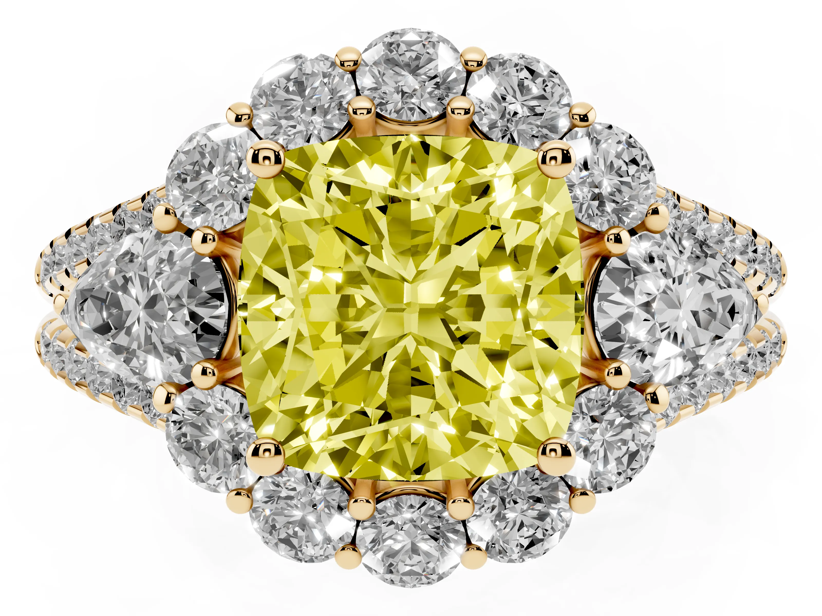 Fancy Yellow Cushion Cut Diamond Halo Split Shank Engagement Ring Set in Yellow gold with Prong-Held Center Stone