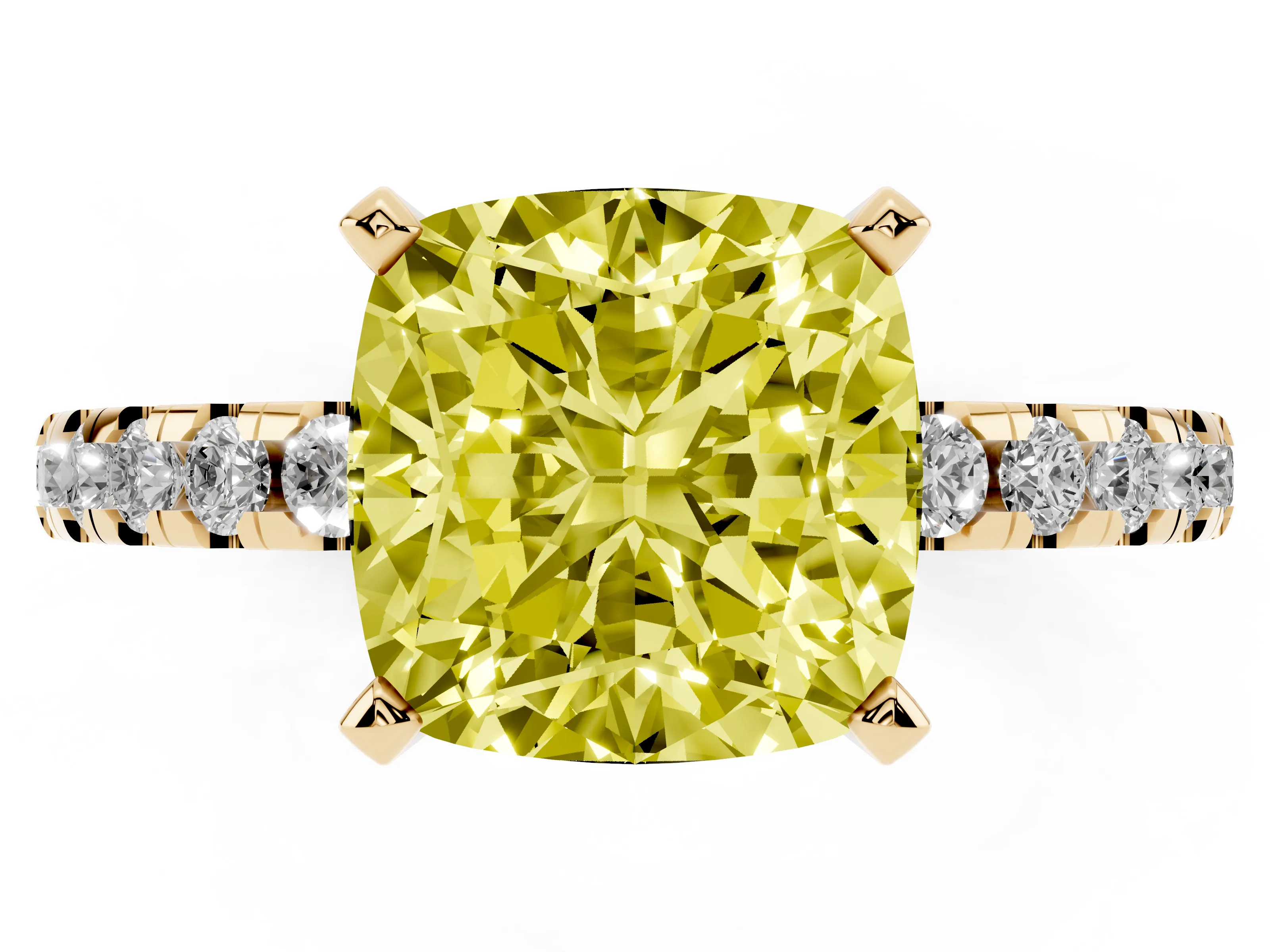 Fancy Yellow Cushion Cut Diamond Pavé Solitaire Ring Set in Yellow gold with Round Band Accents and Prong Setting