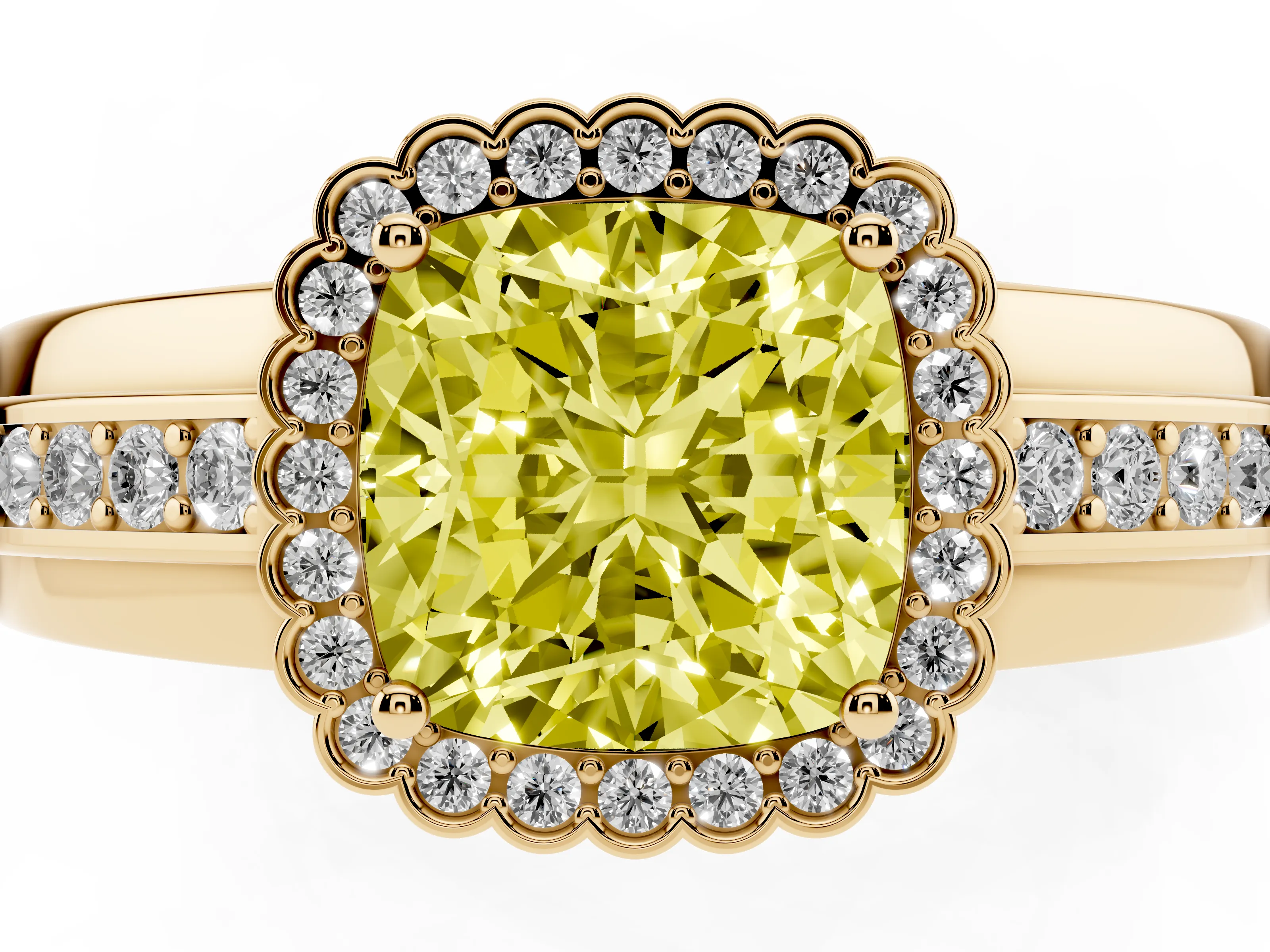 Fancy Yellow Cushion Cut Diamond Halo Prong Ring Set in Yellow gold with Pavé Band